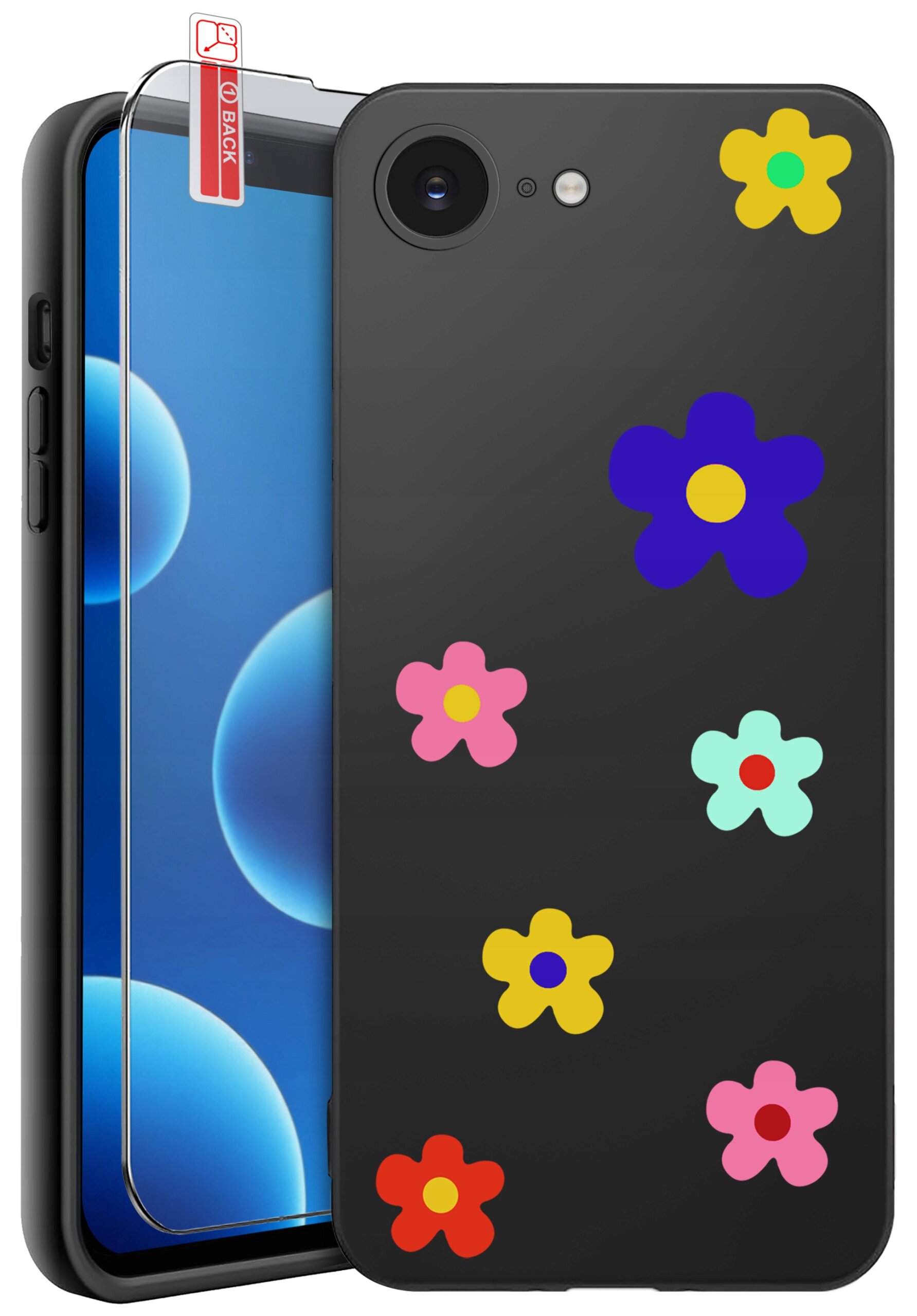 Czarne etui na telefon z kolorowymi kwiatami w różnych kolorach, obok którego znajduje się szkło ochronne z napisem \'BACK\'.