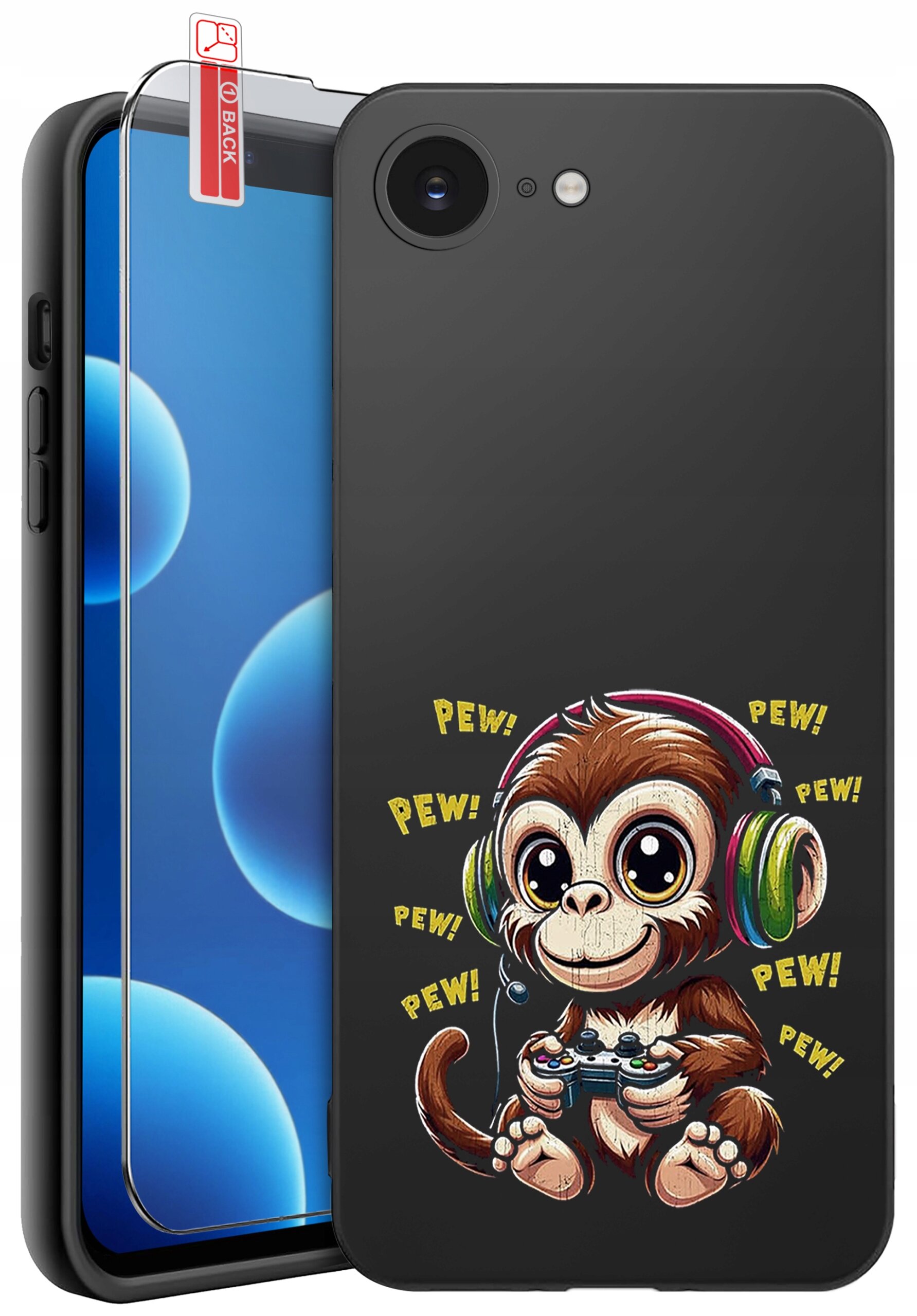 Czarne silikonowe etui na telefon z kolorowym nadrukiem małpki w słuchawkach trzymającej kontroler do gier, otoczonej napisem \'PEW!\'. Obok etui znajduje się szkło ochronne z czerwoną etykietą \'BACK\'.