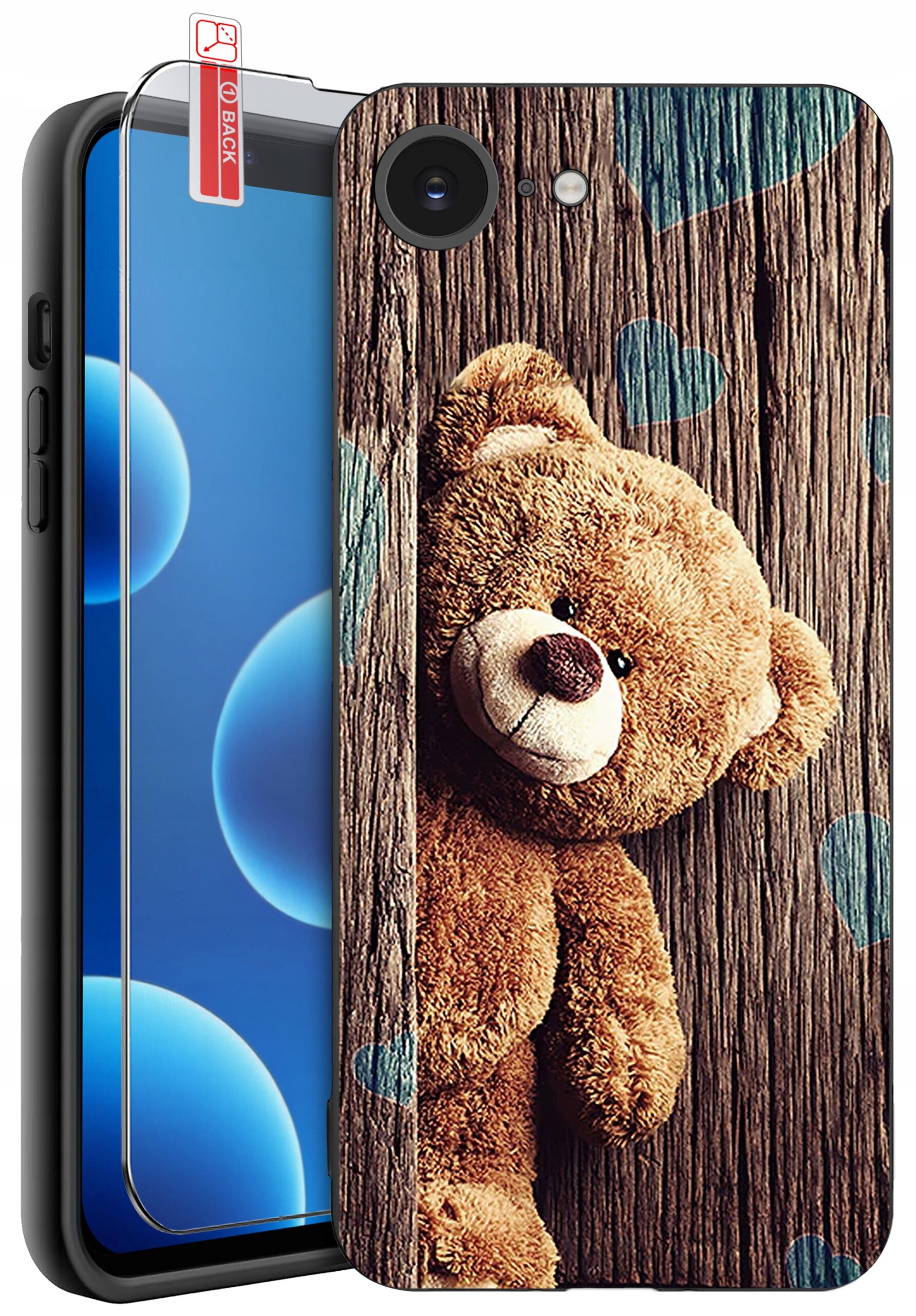 Etui na telefon z nadrukiem misia na tle drewnianej tekstury oraz szkło ochronne z napisem \'BACK\'.