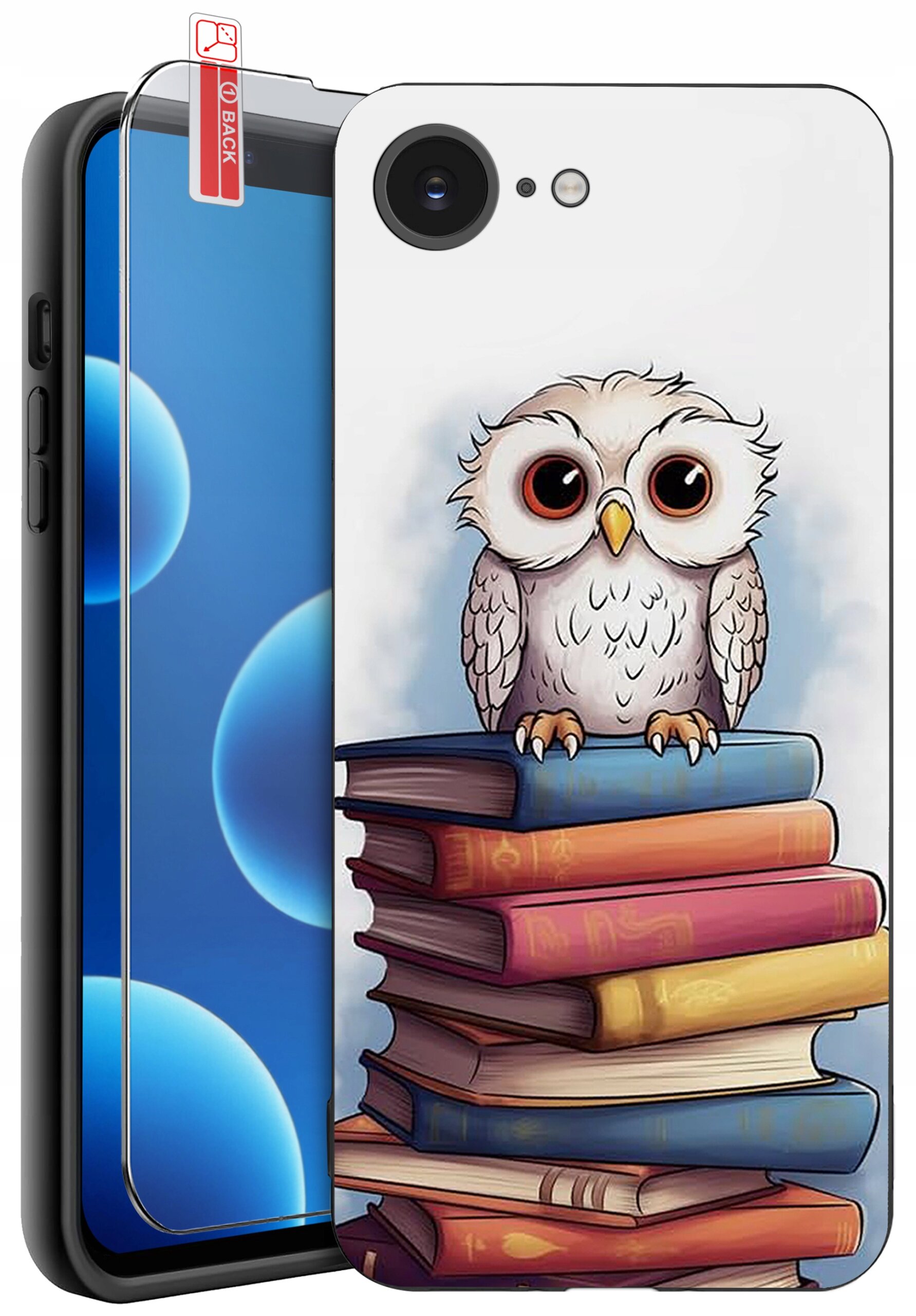 Etui na telefon z nadrukiem sowy siedzącej na stosie książek, obok znajduje się szkło ochronne z napisem \'BACK\'.