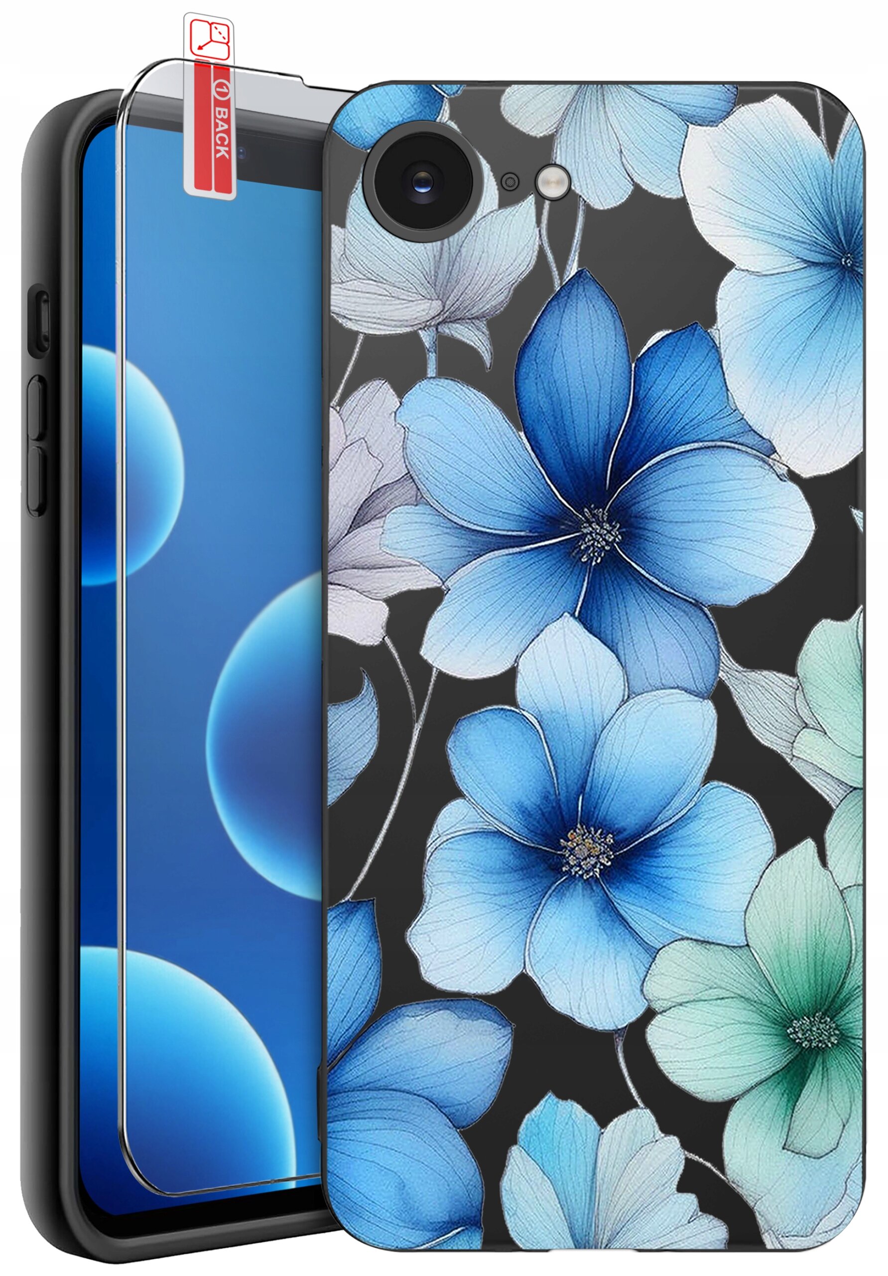 Obraz przedstawia etui na telefon z wzorem niebieskich i zielonych kwiatów na czarnym tle. Obok etui znajduje się szkło ochronne z napisem \'BACK\'.