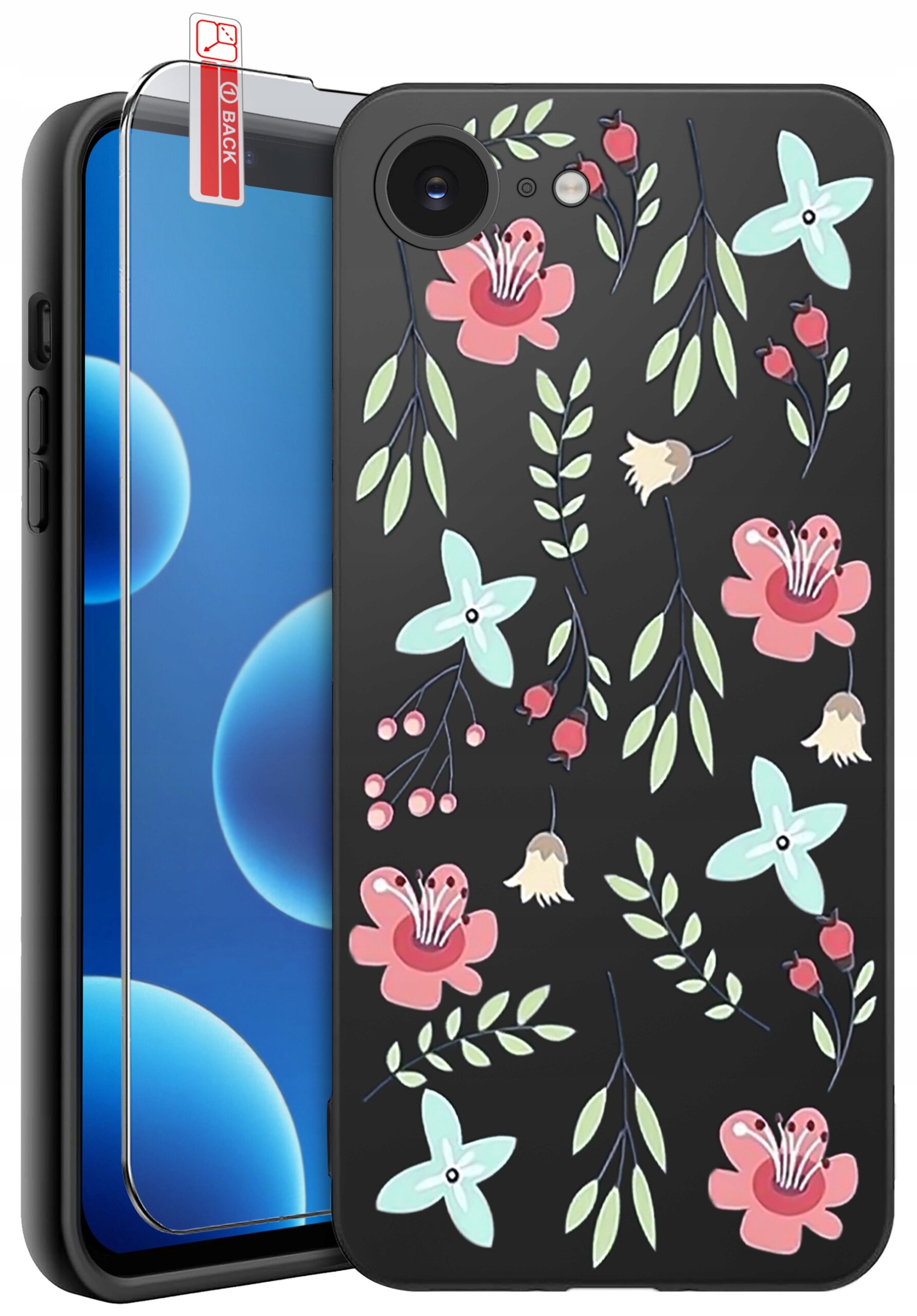 Czarne etui na telefon z kolorowym wzorem kwiatowym, obok którego znajduje się szkło ochronne z napisem \'BACK\'.