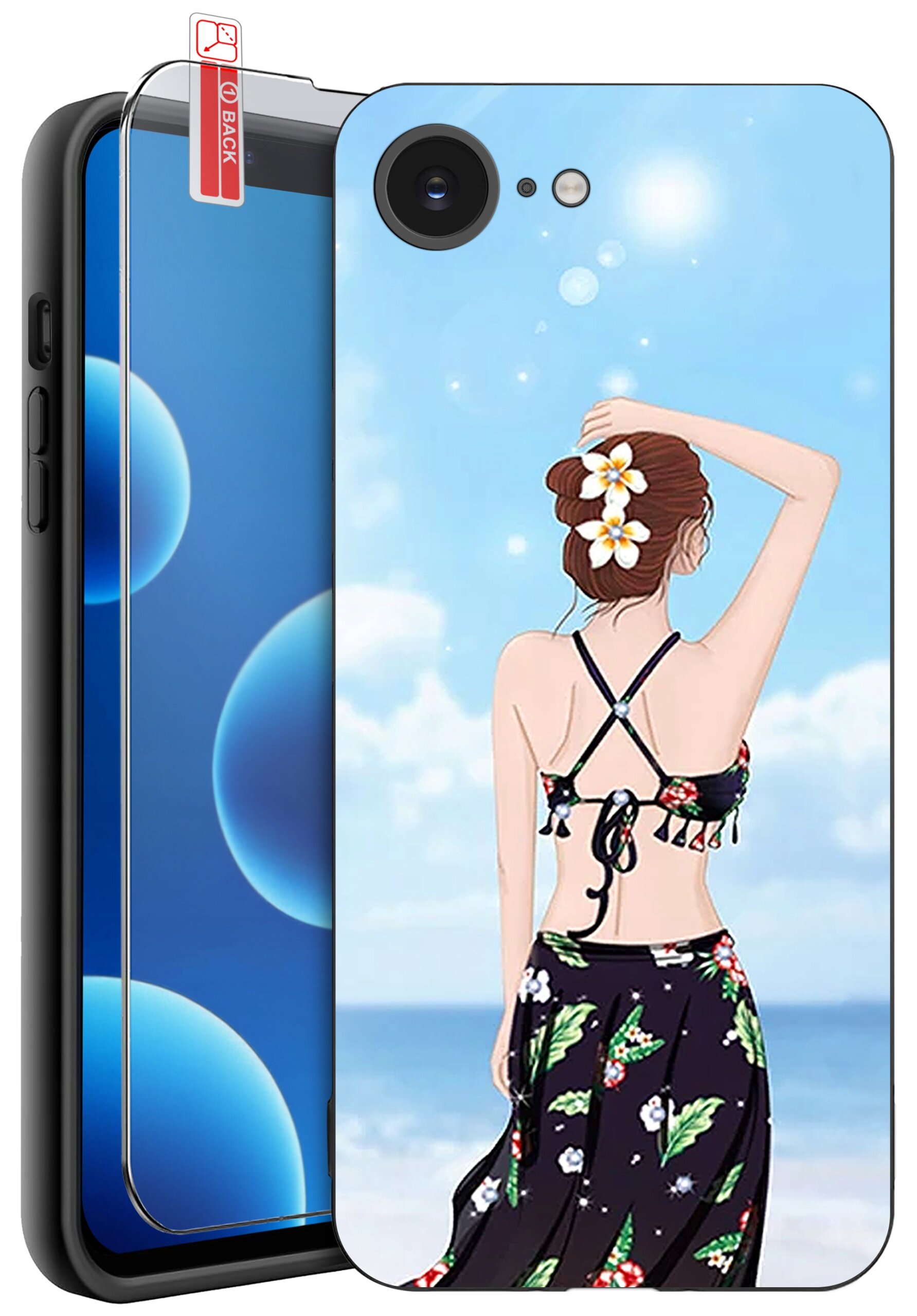 Etui na telefon z grafiką przedstawiającą kobietę w stroju plażowym na tle nieba i morza. Obok znajduje się szkło ochronne z napisem \'BACK\'.