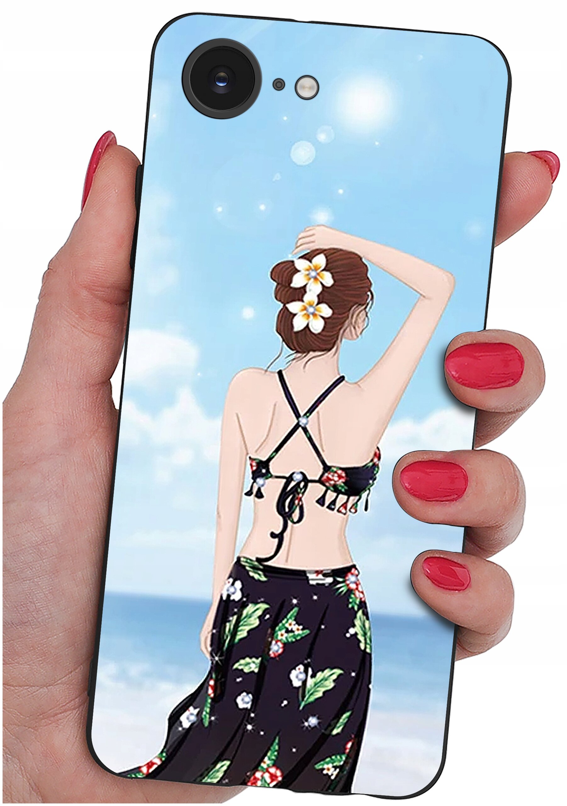 Etui na telefon z grafiką przedstawiającą kobietę w stroju plażowym na tle nieba i morza. Kobieta ma kwiaty we włosach, a etui trzymane jest w dłoni z pomalowanymi na czerwono paznokciami.