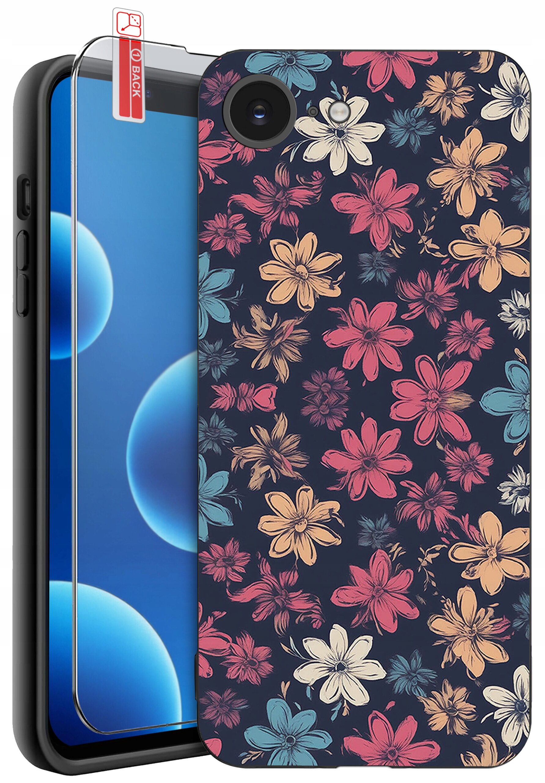Obraz przedstawia etui na telefon z kolorowym wzorem kwiatowym oraz szkło ochronne z napisem \'BACK\'.