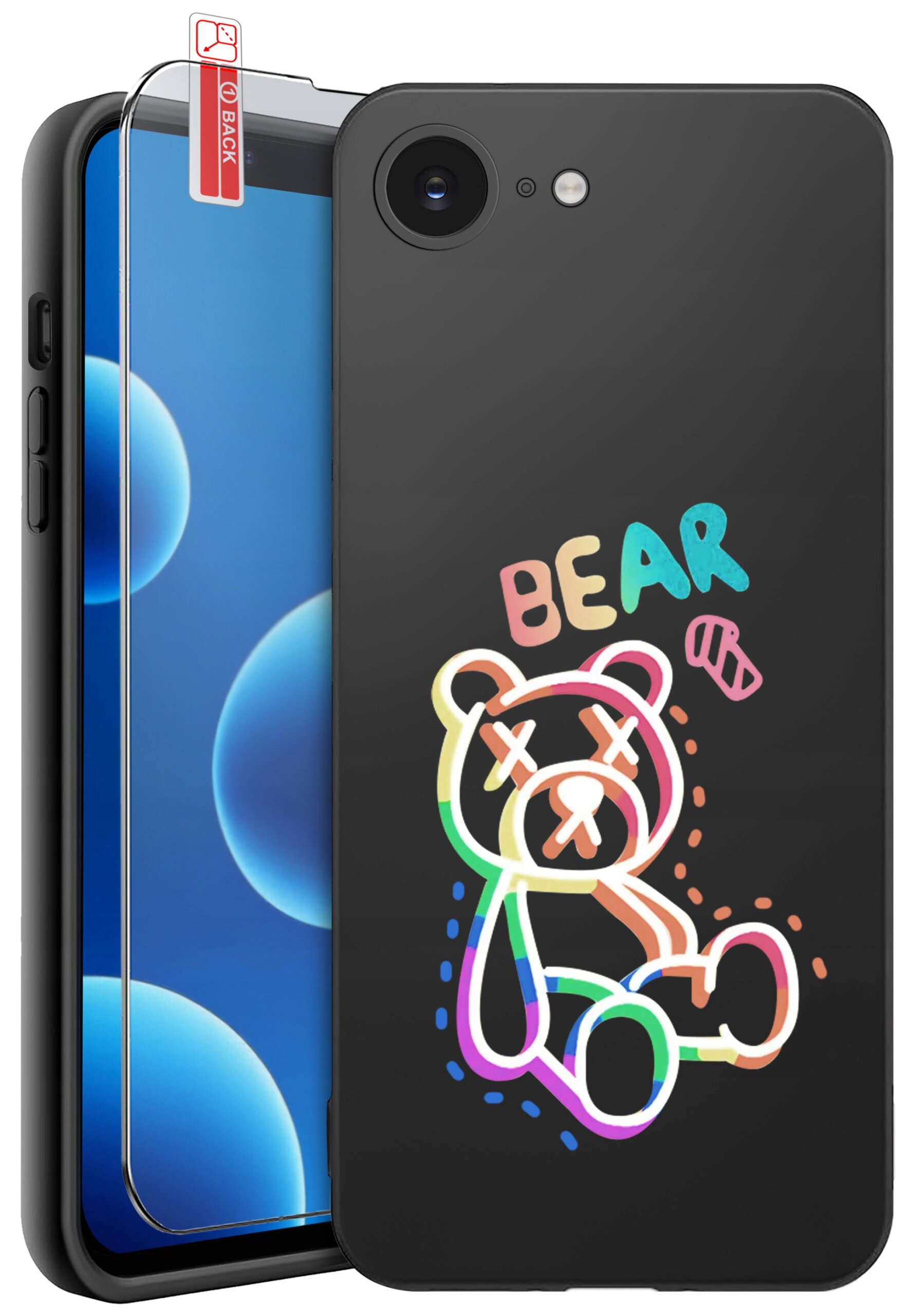Na obrazie widoczne jest czarne etui na telefon z kolorowym rysunkiem misia i napisem \'BEAR\'. Obok etui znajduje się szkło ochronne z oznaczeniem \'BACK\'.
