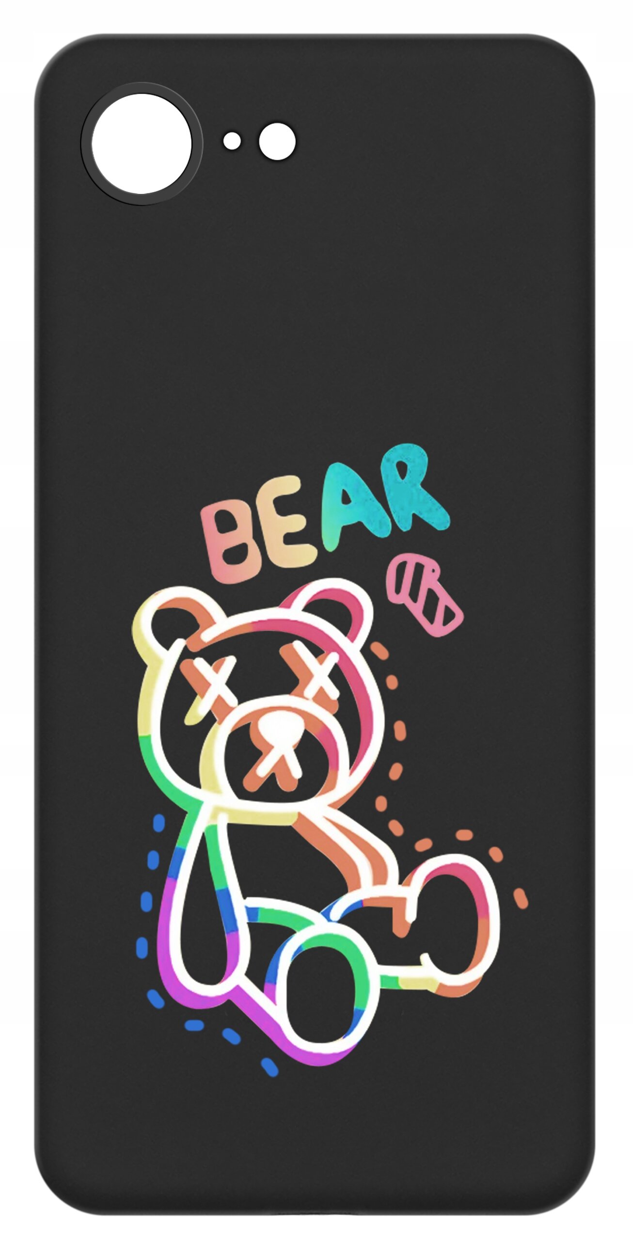 Czarne etui z kolorowym rysunkiem misia z zamkniętymi oczami i napisem \'BEAR\'.