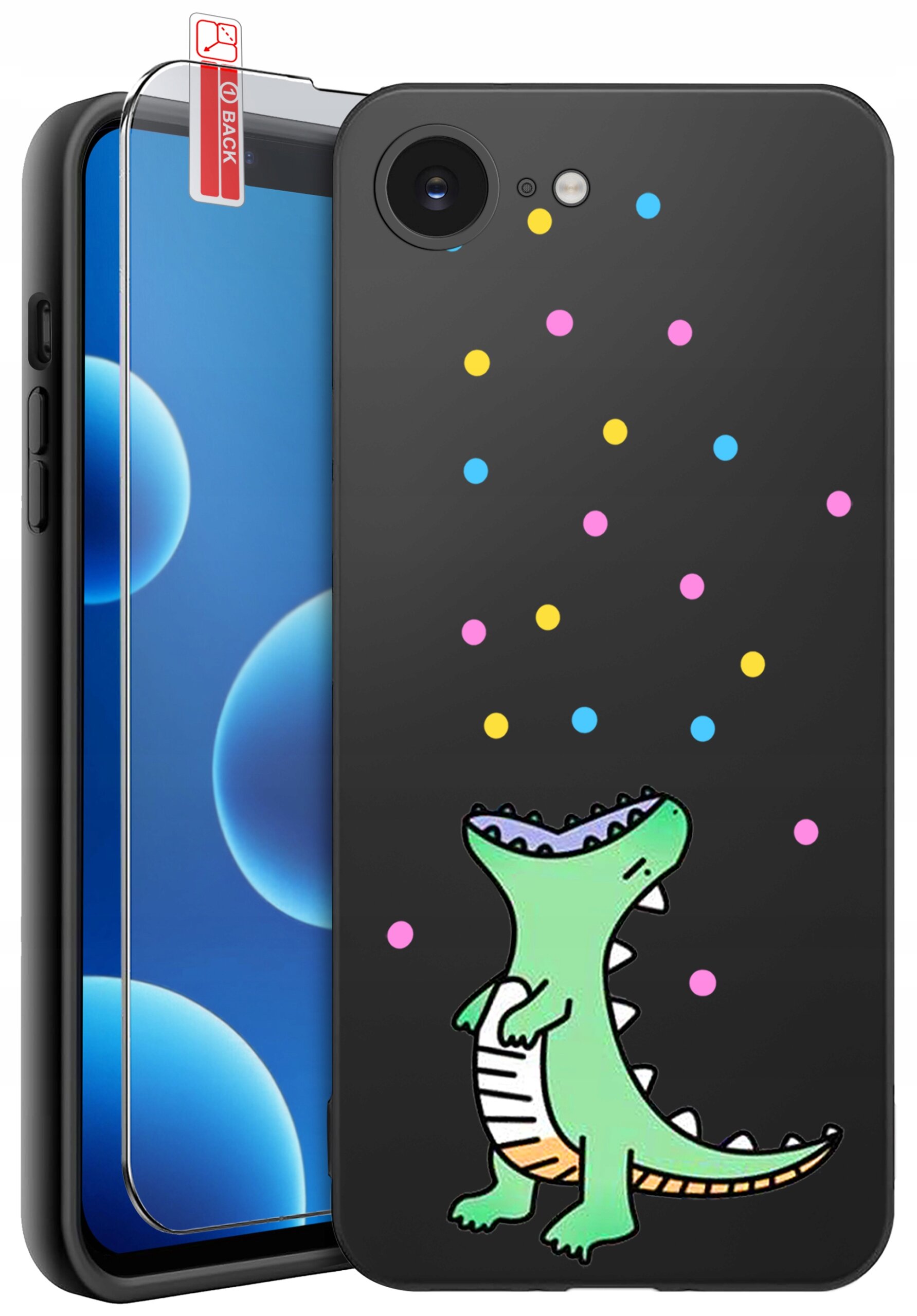 Na obrazie widoczne jest czarne etui na telefon z kolorowym wzorem przedstawiającym zielonego dinozaura oraz kolorowe kropki. Obok etui znajduje się szkło ochronne z czerwoną etykietą \'BACK\'.