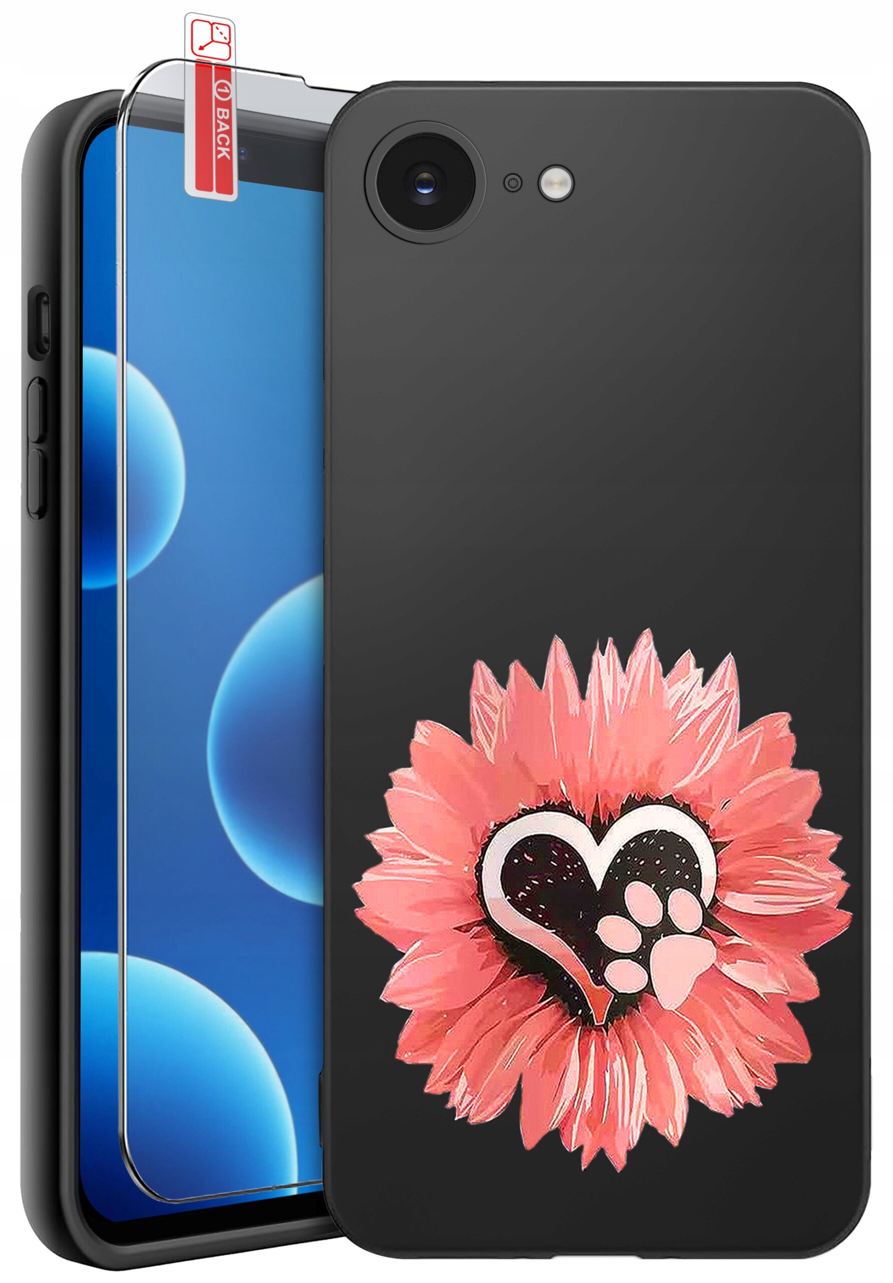 Czarne silikonowe etui na telefon z nadrukiem różowego kwiatu i serca z odciskiem łapy. Obok etui znajduje się szkło ochronne z napisem \'BACK\'.