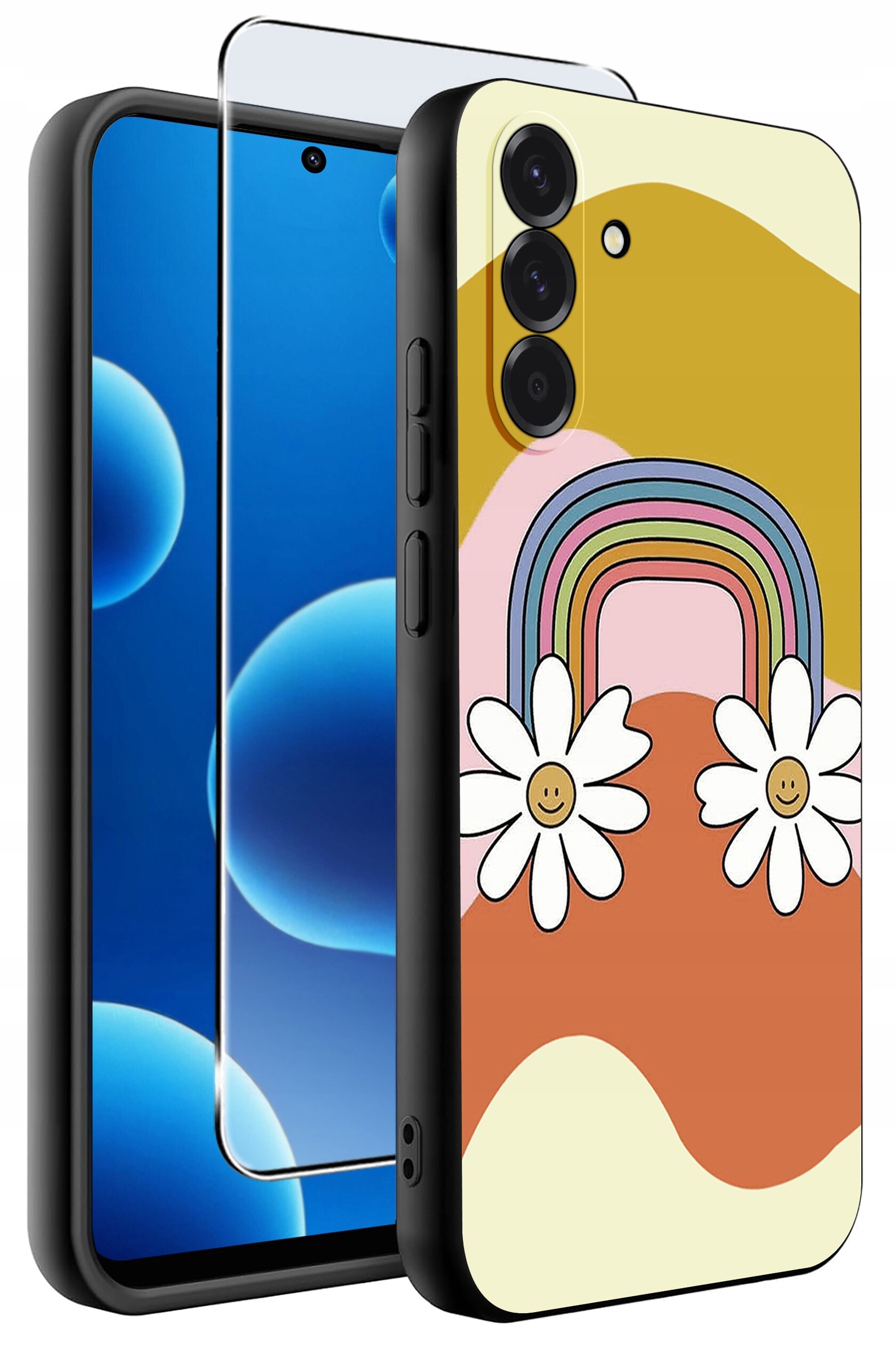Obraz przedstawia silikonowe etui na telefon z kolorowym wzorem tęczy i kwiatów oraz szkło ochronne. Etui ma matowe wykończenie i jest przeznaczone do modelu Samsung A26 5G.