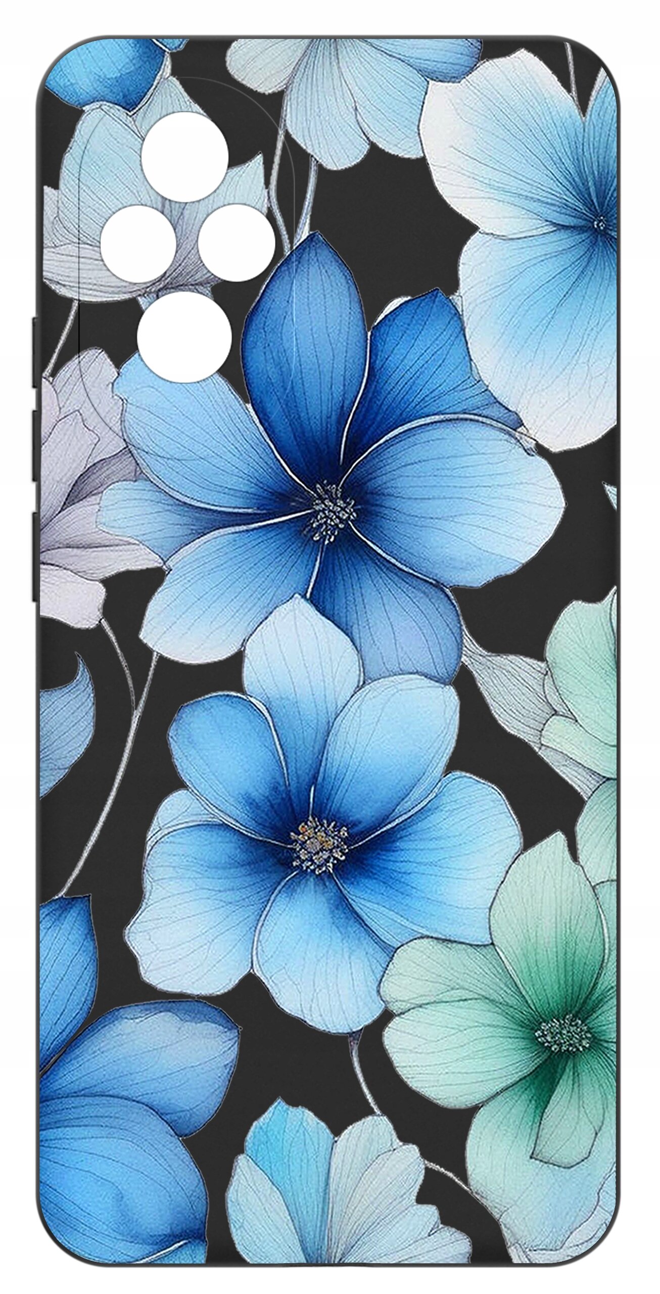Etui na telefon z wzorem dużych kwiatów w odcieniach niebieskiego i zielonego na ciemnym tle. Widoczne są cztery otwory na aparaty fotograficzne.