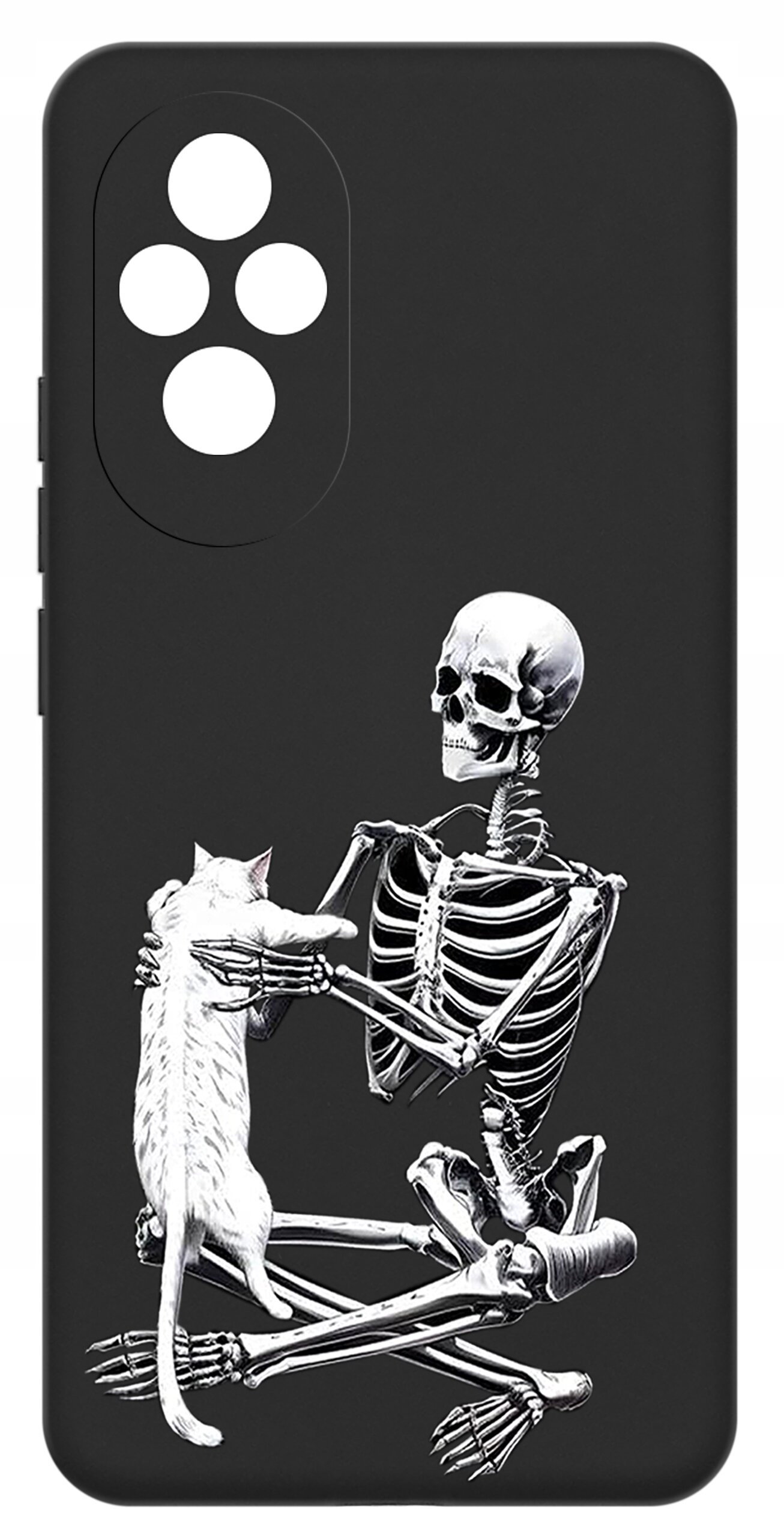 Czarne etui na telefon z grafiką przedstawiającą szkielet trzymający białego kota. Etui ma wycięcia na cztery obiektywy aparatu.