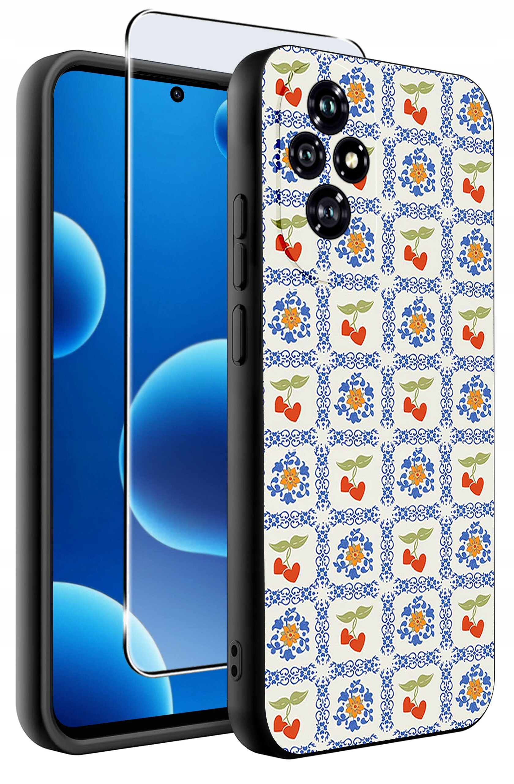 Obraz przedstawia silikonowe etui na telefon z kolorowym wzorem kwiatowym oraz szkło ochronne. Etui ma wzór z niebieskimi, pomarańczowymi i zielonymi elementami na białym tle.