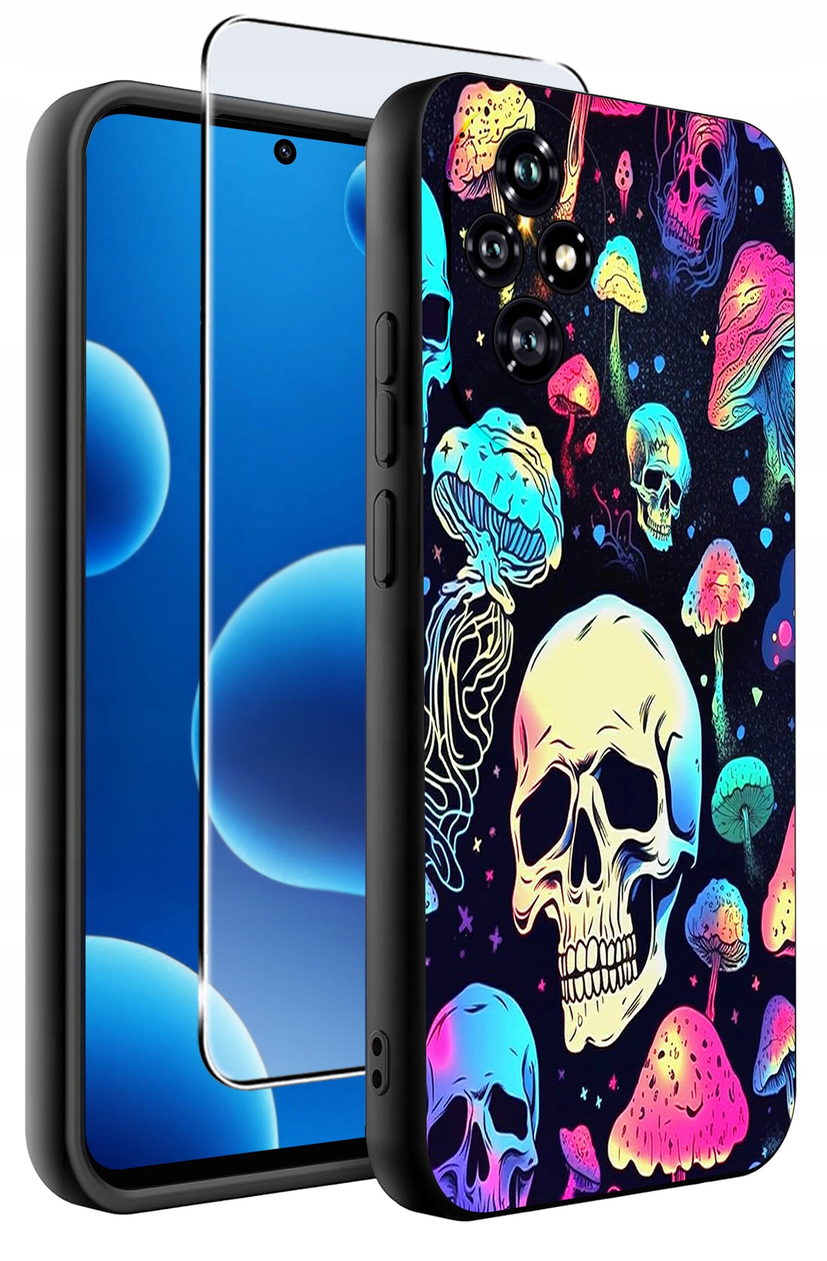 Etui na telefon z kolorowym wzorem czaszek i grzybów, wykonane z matowego silikonu. Obok etui znajduje się szkło ochronne na ekran.