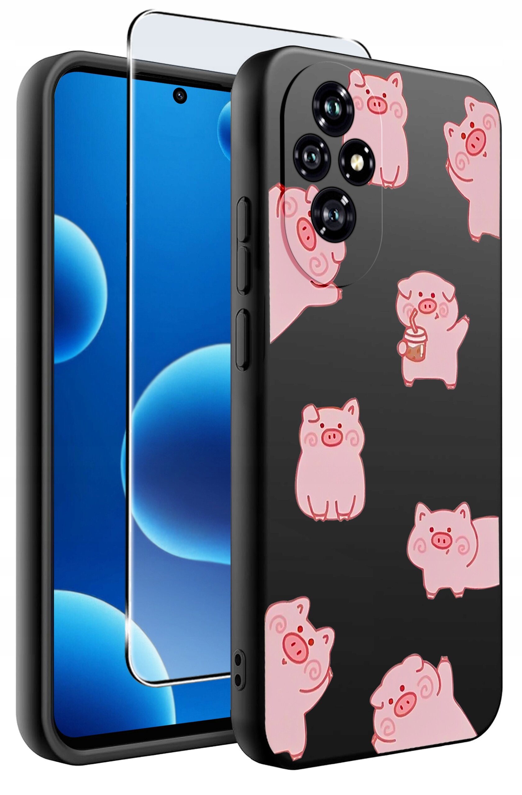 Obraz przedstawia silikonowe etui na telefon z czarnym tłem, ozdobione różowymi grafikami świnek w różnych pozach. Obok etui znajduje się szkło ochronne na ekran.