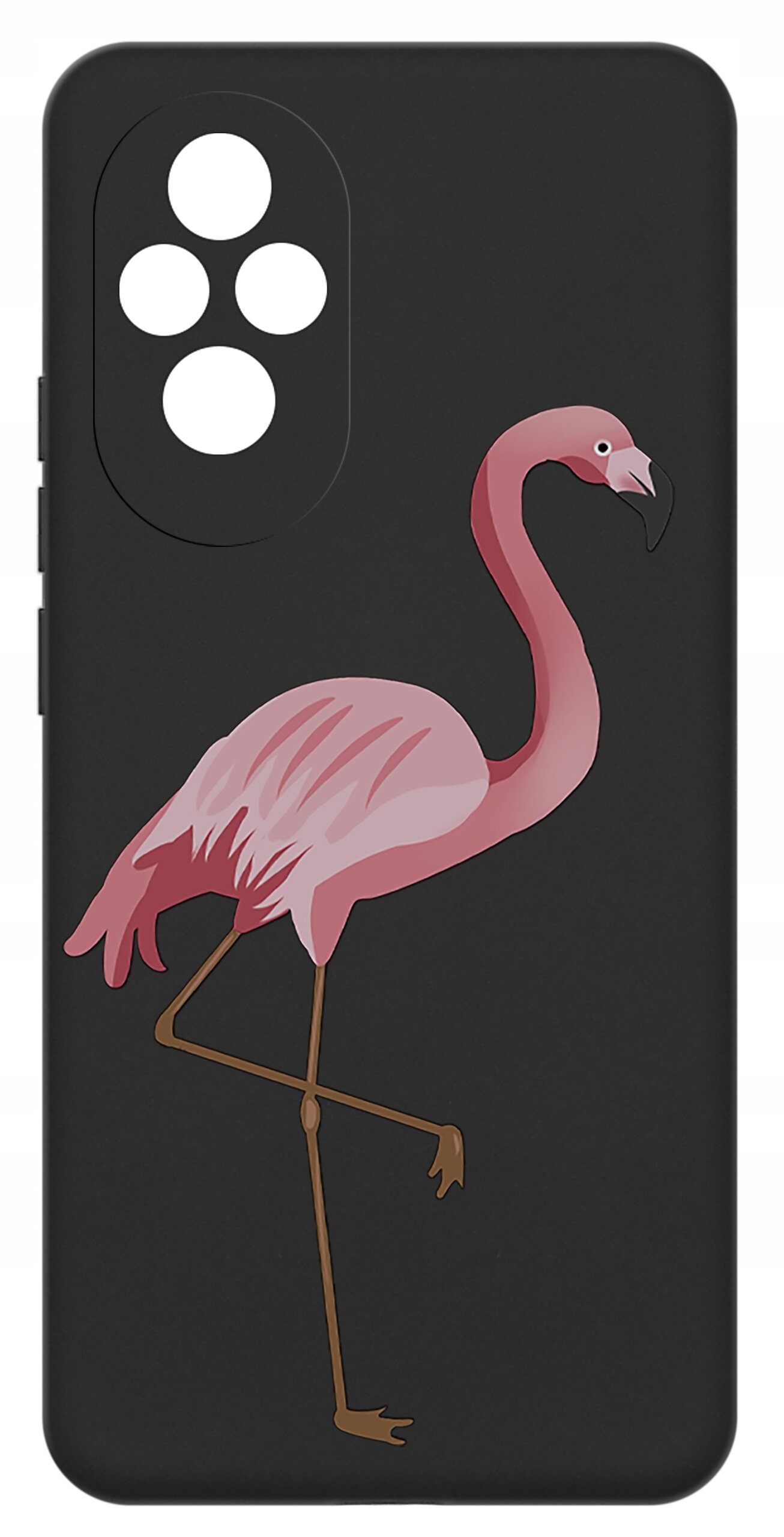 Czarne etui na telefon z nadrukiem różowego flaminga stojącego na jednej nodze. Etui posiada wycięcia na cztery obiektywy aparatu.