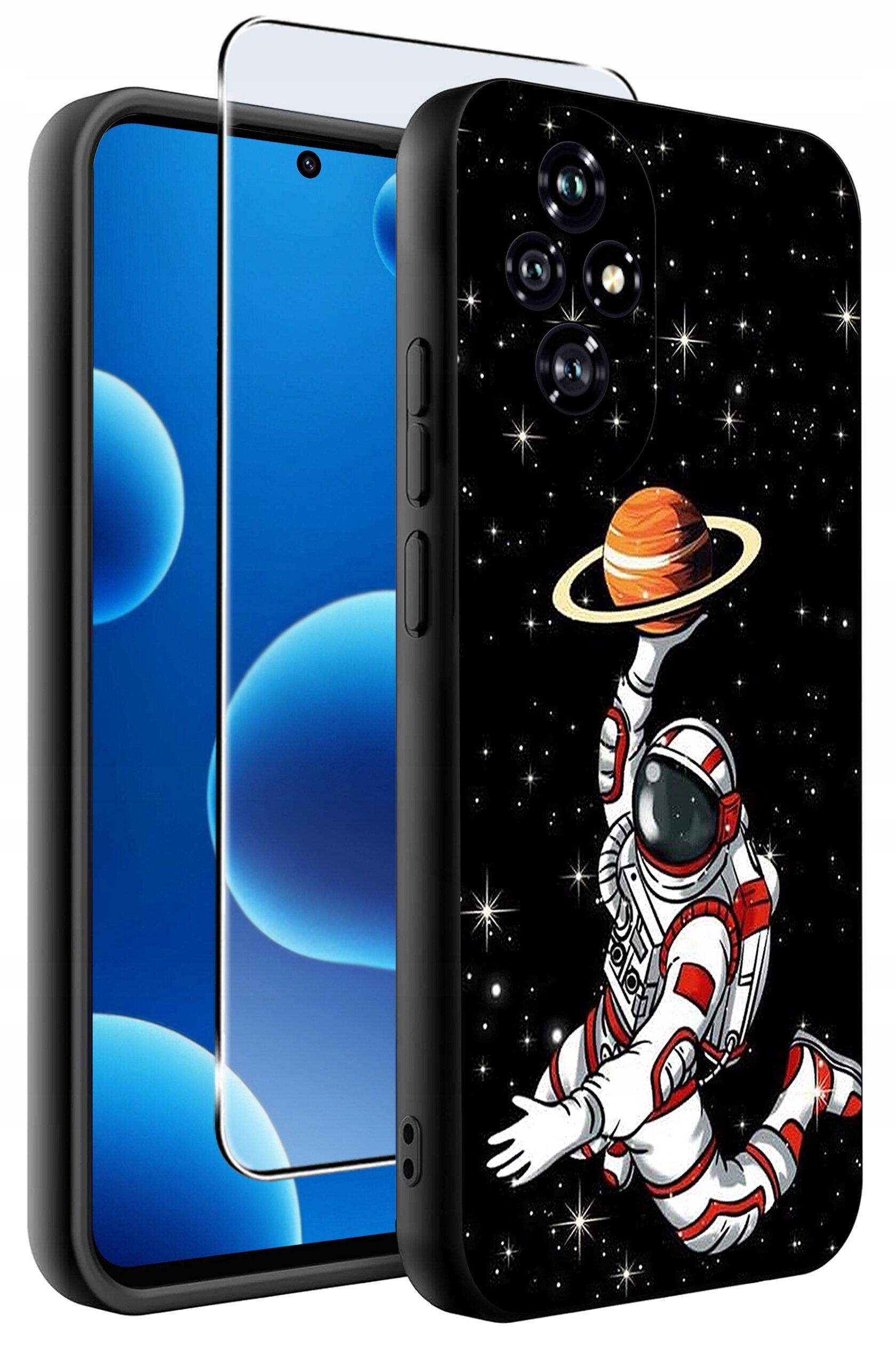 Etui na telefon z grafiką przedstawiającą astronautę trzymającego planetę z pierścieniami na tle gwiazd. Obok etui znajduje się przezroczysta osłona ekranu.