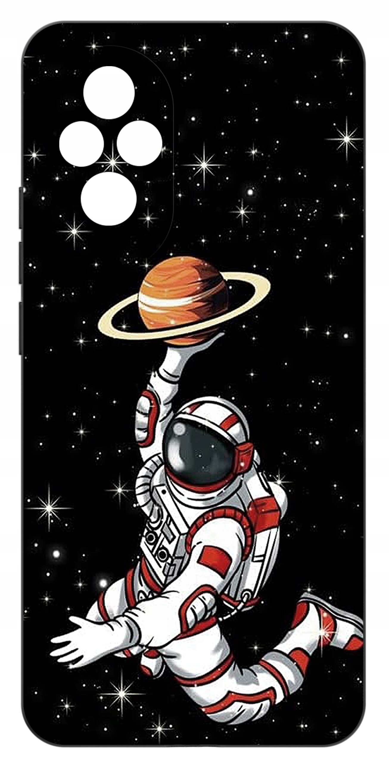 Etui na telefon z motywem astronauty trzymającego planetę z pierścieniami na tle gwiazd. Etui ma wycięcia na aparat w kształcie czterech okręgów.