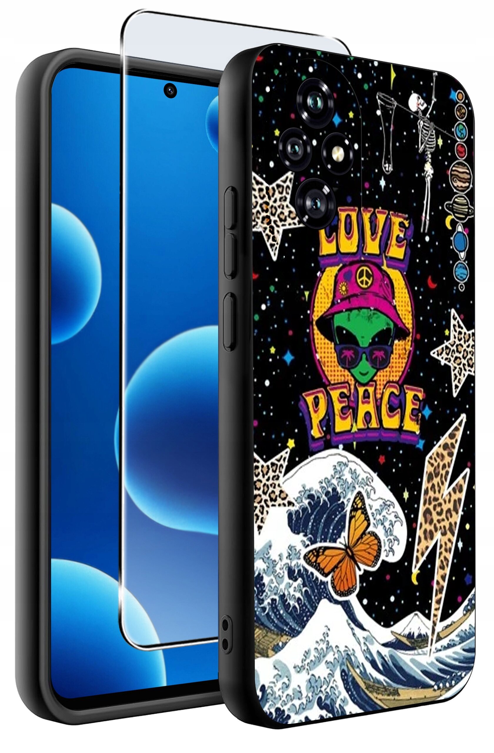 Etui na telefon z kolorowym wzorem przedstawiającym fale, motyla, gwiazdy i napis \'LOVE PEACE\'. W zestawie znajduje się również szkło ochronne na ekran.