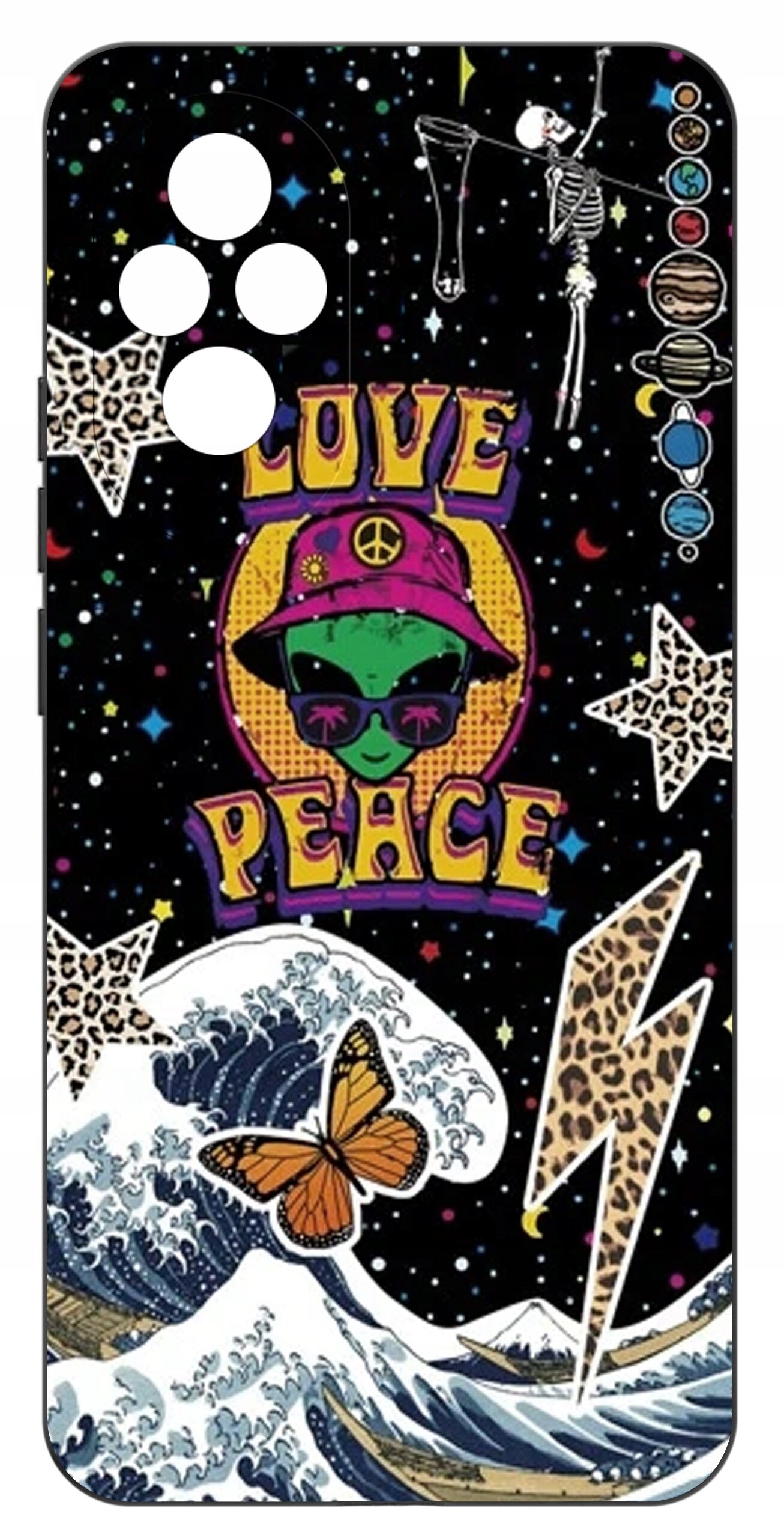 Etui z kolorowym wzorem przedstawiającym zieloną postać w kapeluszu z napisem \'LOVE PEACE\', otoczoną gwiazdami, planetami, falą, motylem i błyskawicą w panterkę.