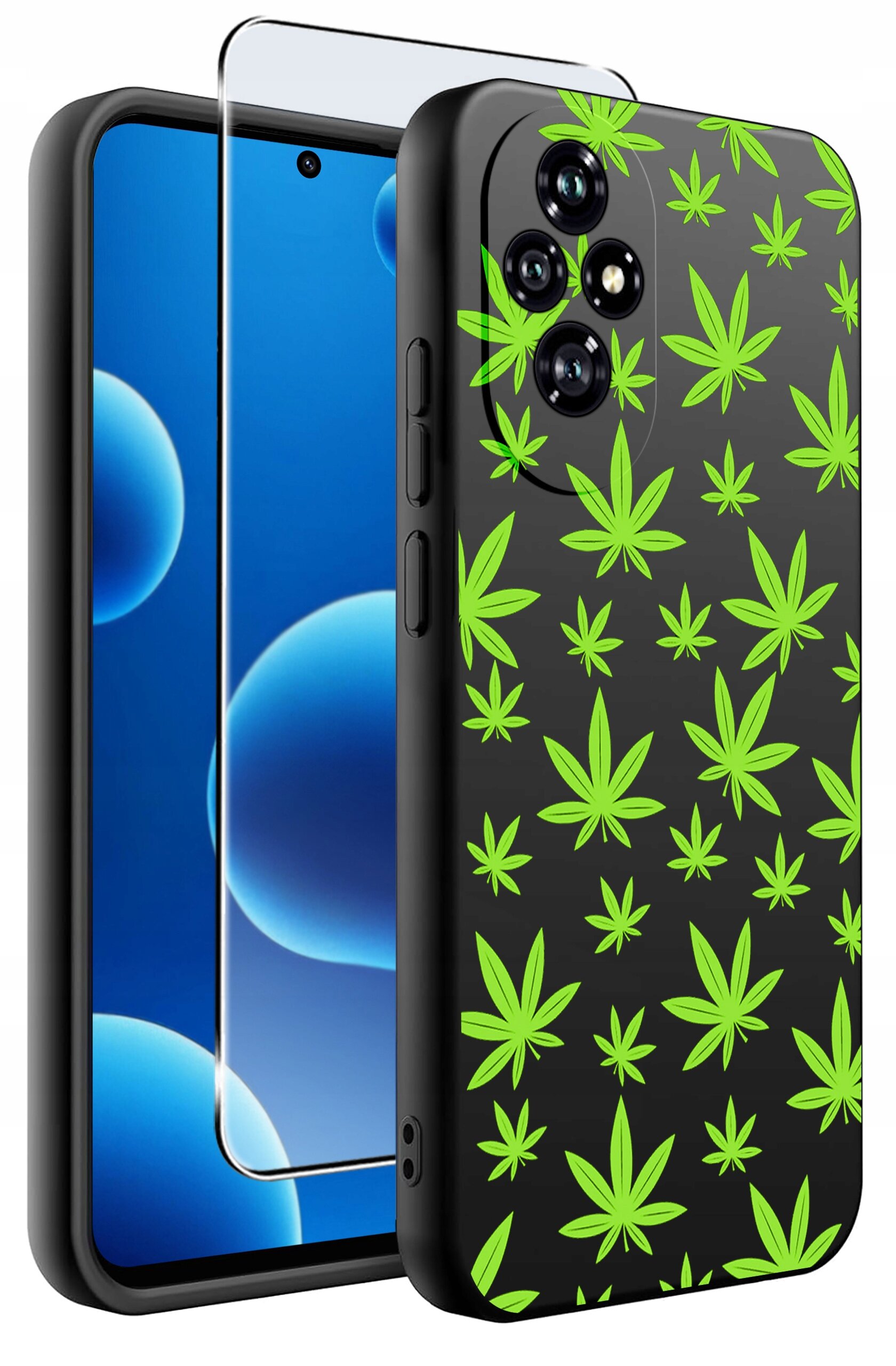 Obraz przedstawia czarne etui na telefon z zielonym wzorem liści oraz szkło ochronne. Telefon w tle ma niebieski ekran z widoczną kamerą przednią.