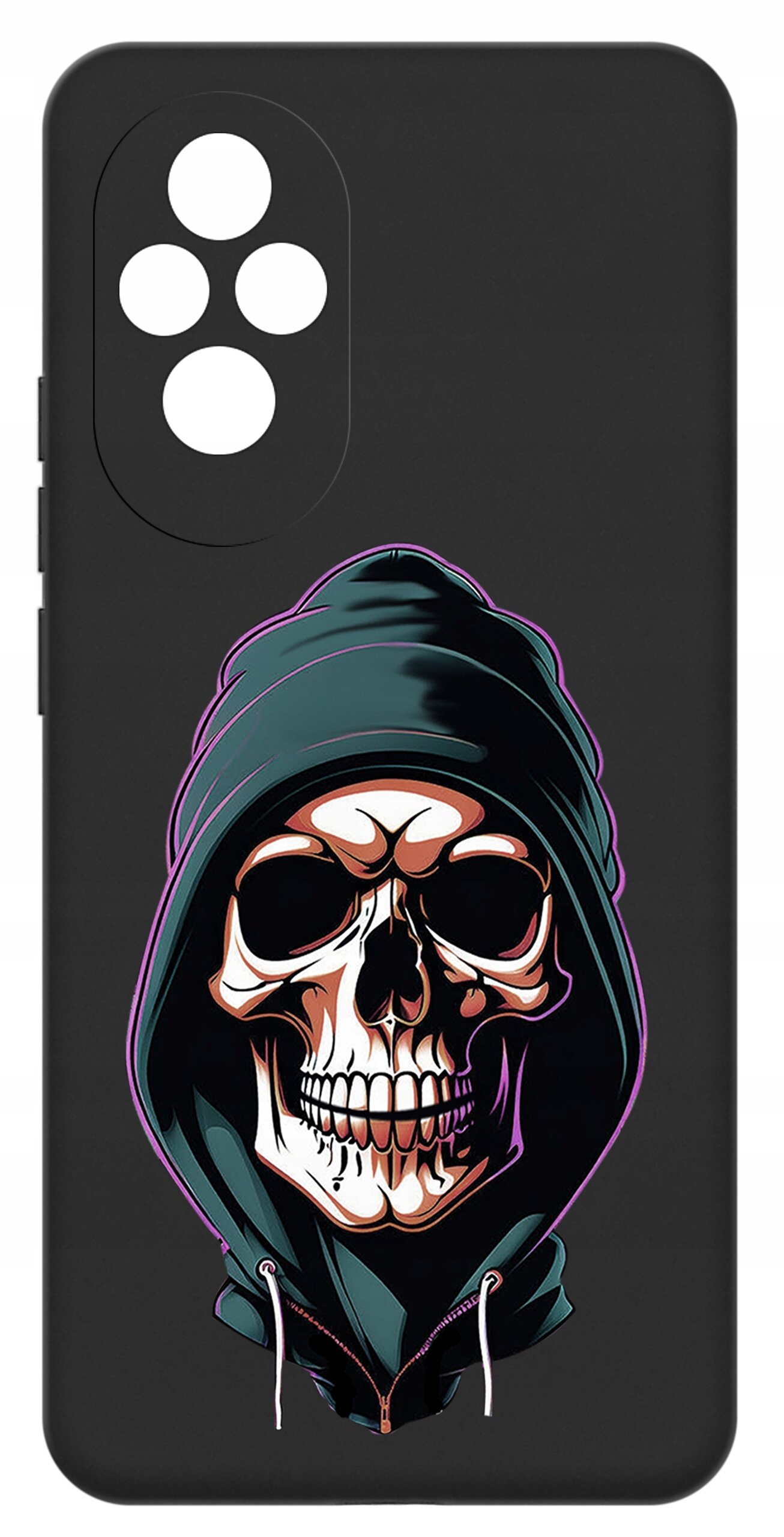 Czarne etui na telefon z nadrukiem czaszki w kapturze. Etui posiada wycięcia na cztery obiektywy aparatu.