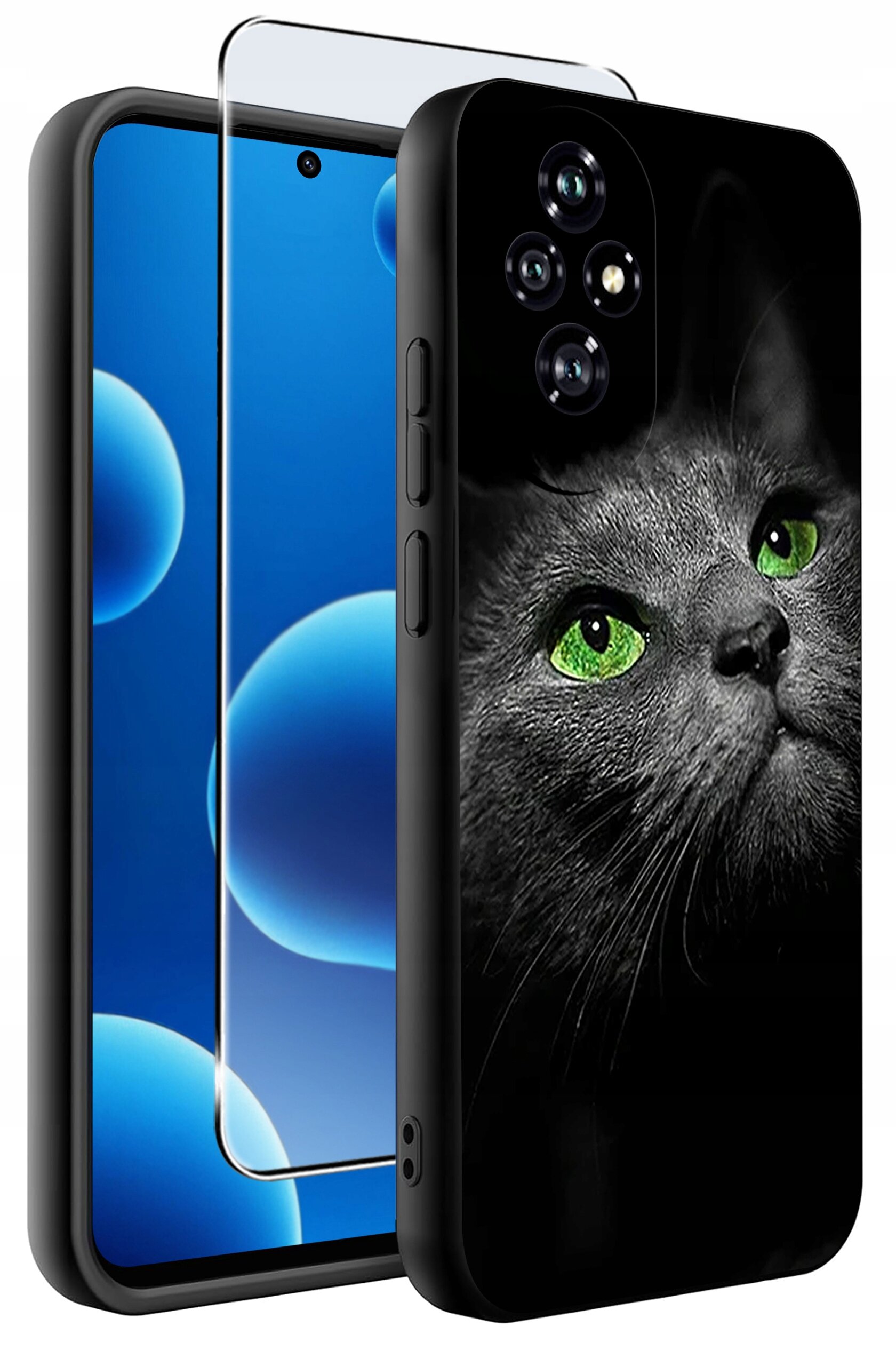 Obraz przedstawia silikonowe etui na telefon z nadrukiem kota o zielonych oczach. W tle widoczna jest szybka ochronna na ekran.