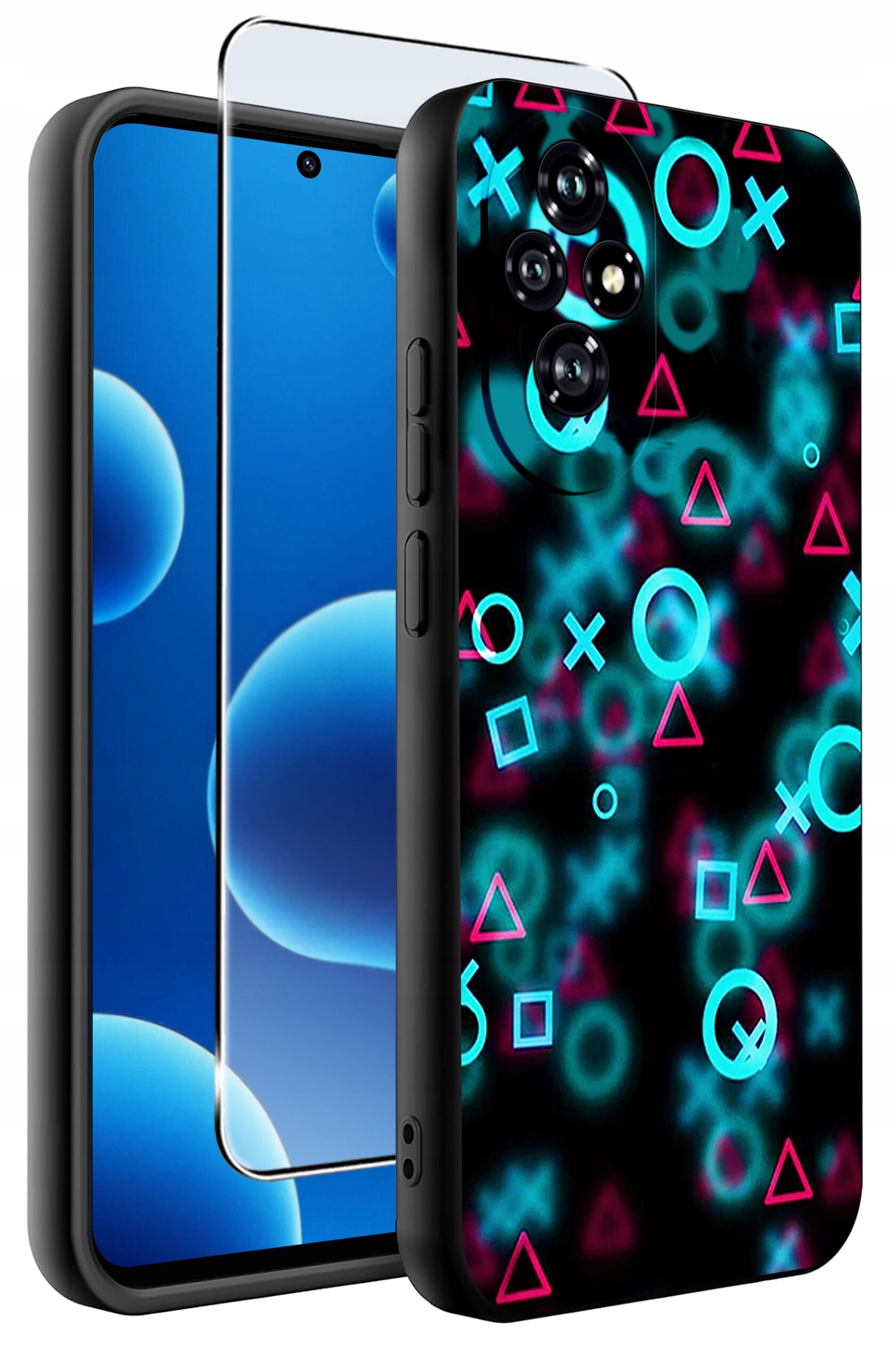 Obraz przedstawia silikonowe etui na telefon z kolorowymi wzorami geometrycznymi oraz szkło ochronne. Etui ma czarne tło z niebieskimi i różowymi symbolami kół, krzyżyków, kwadratów i trójkątów.
