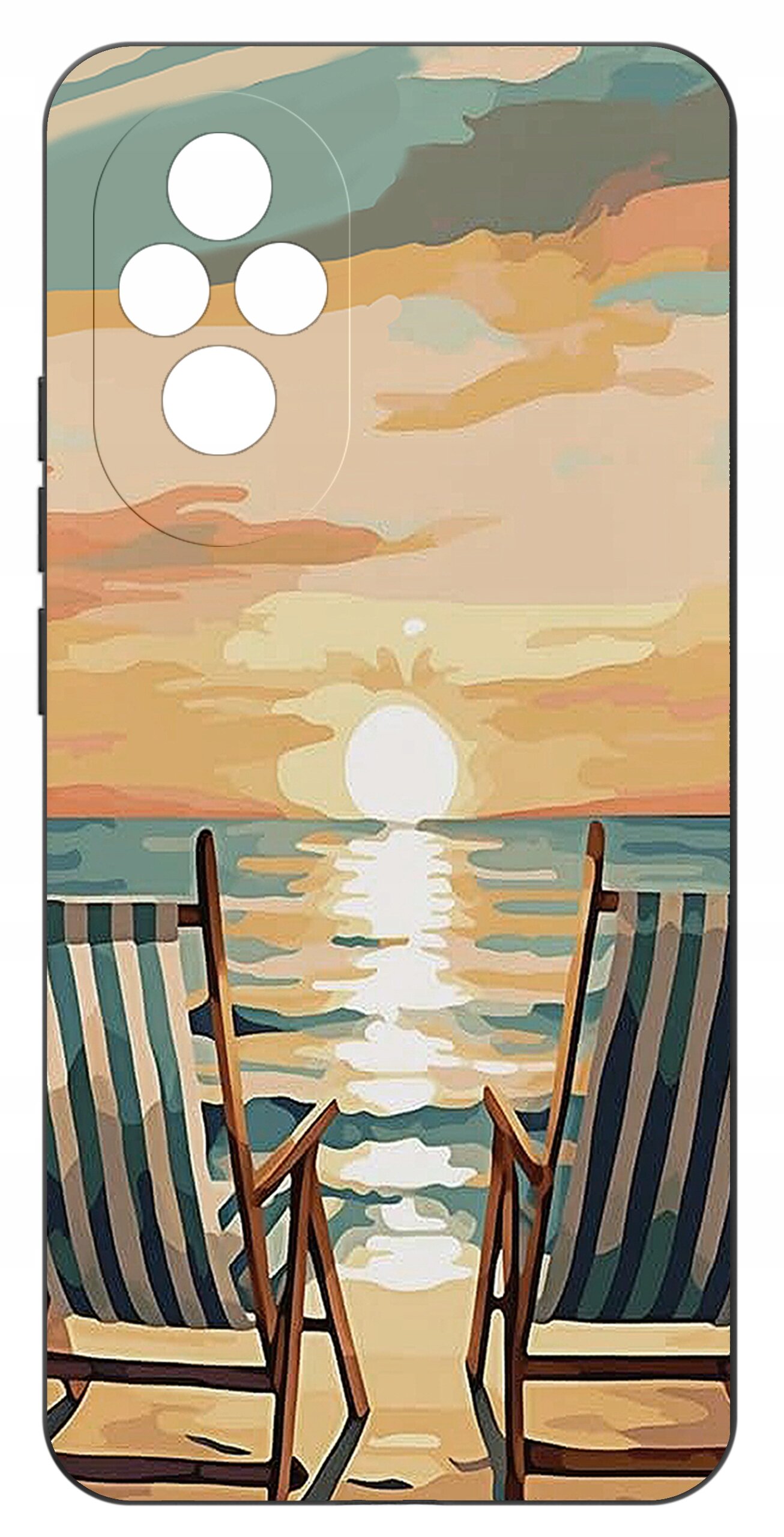 Etui na telefon z nadrukiem przedstawiającym dwa leżaki na plaży z widokiem na zachód słońca nad morzem. W tle widoczne są kolorowe chmury i odbicie słońca na wodzie.
