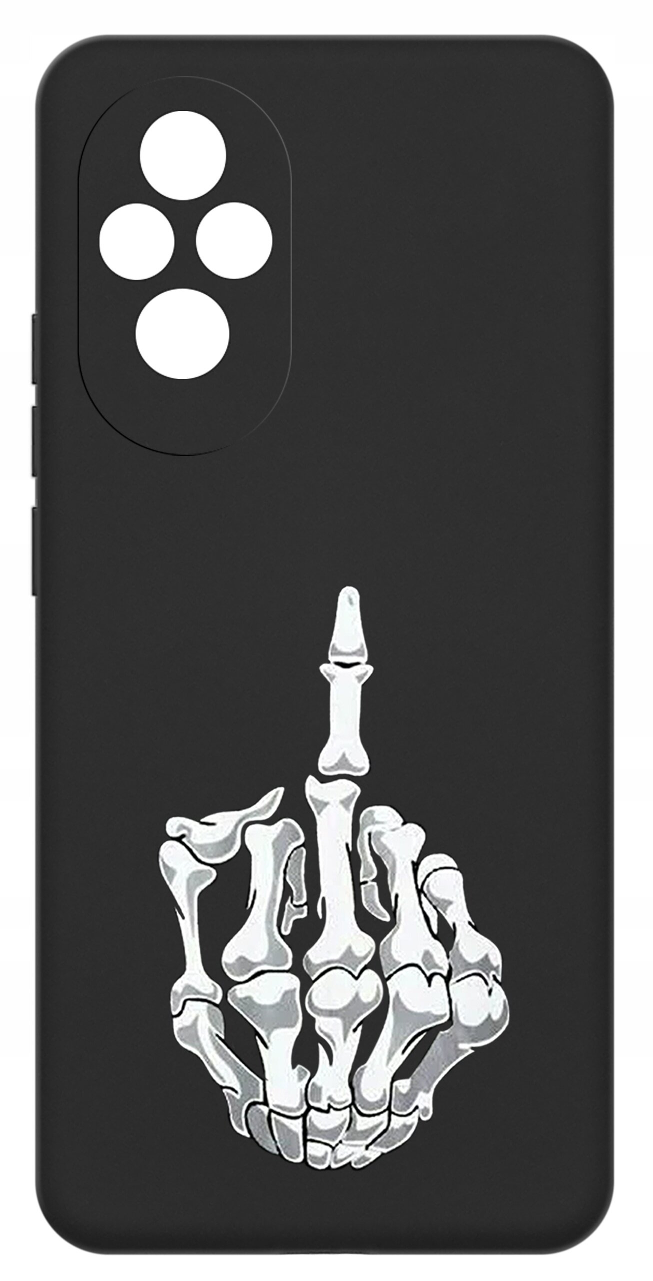 Czarne etui na telefon z nadrukiem białej, szkieletowej dłoni pokazującej środkowy palec. Etui ma wycięcia na cztery obiektywy aparatu.