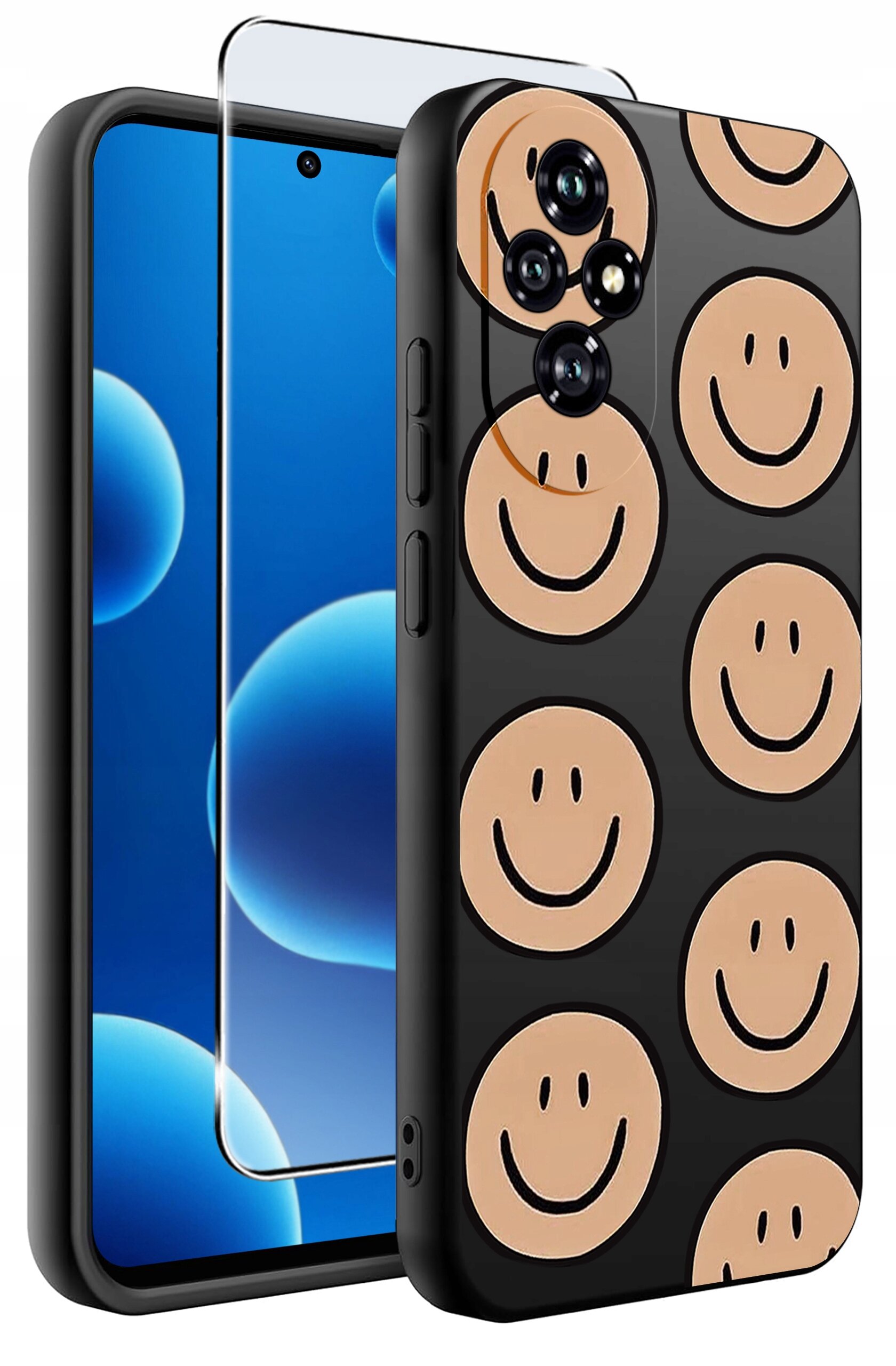 Obraz przedstawia silikonowe etui na telefon z wzorem uśmiechniętych buziek na czarnym tle oraz szkło ochronne na ekran. Etui ma wycięcia na aparat i przyciski boczne.