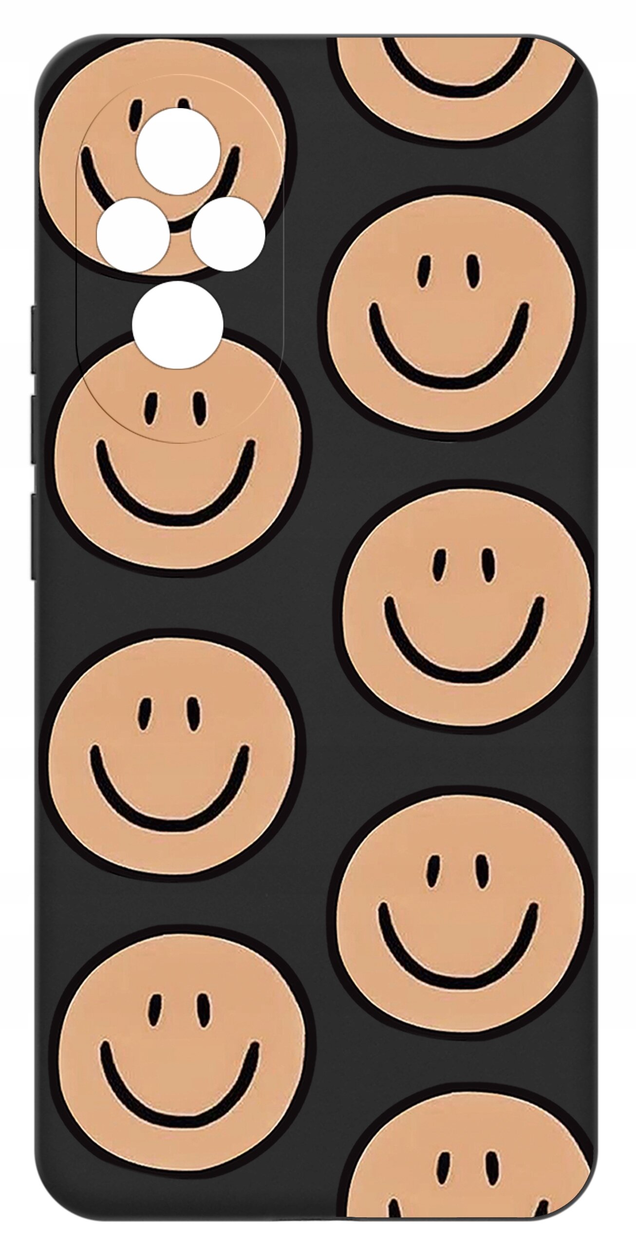 Czarne etui na telefon z wzorem beżowych uśmiechniętych buziek rozmieszczonych równomiernie na całej powierzchni.