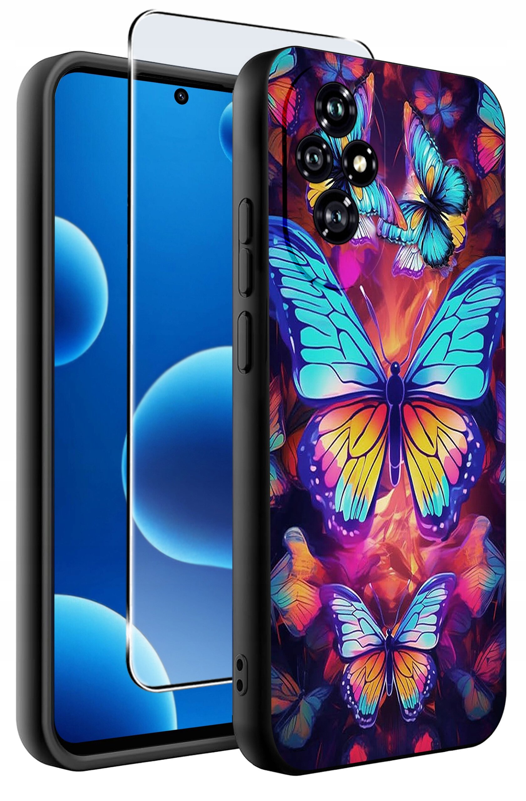 Etui na telefon z kolorowym wzorem motyli, wykonane z matowego silikonu. Obok etui widoczne jest szkło ochronne na ekran.