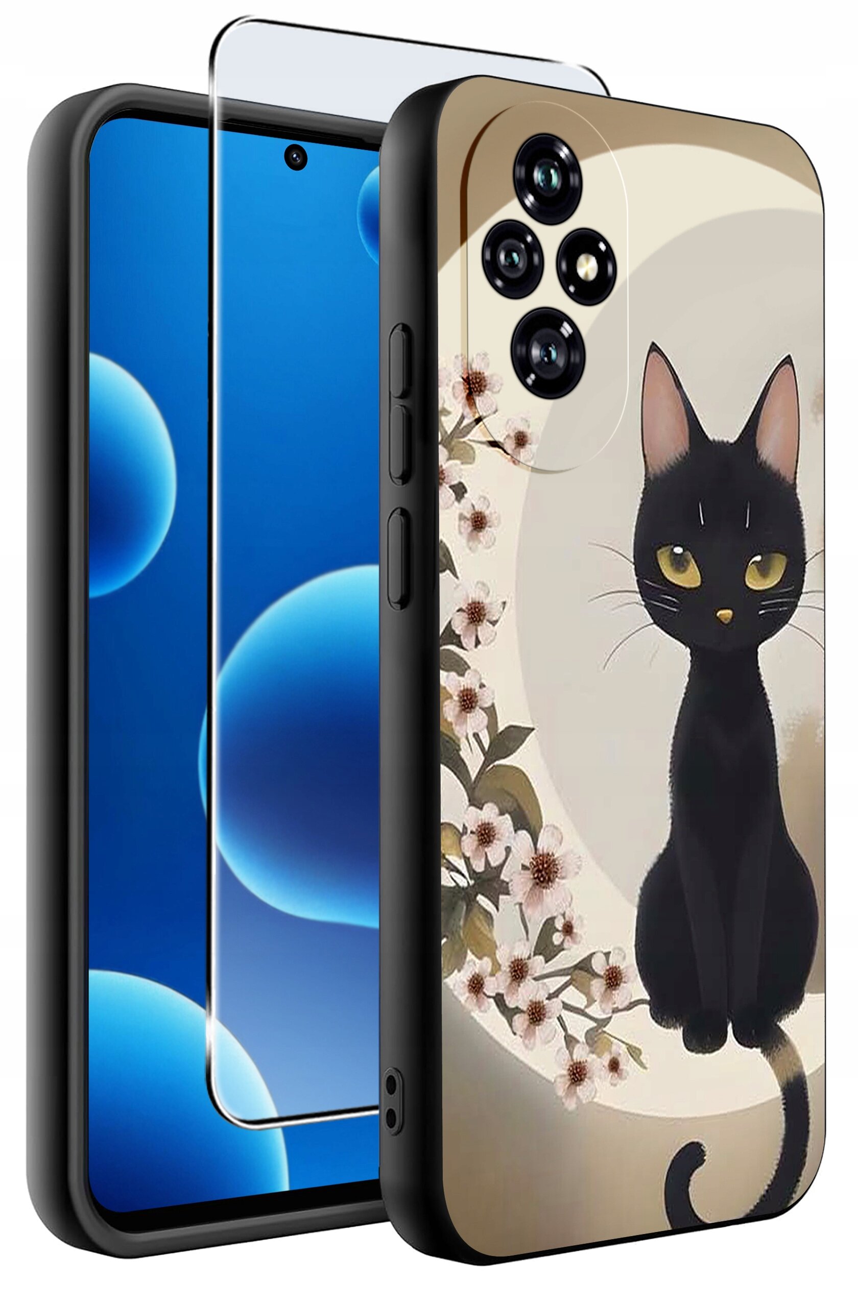 Etui na telefon z nadrukiem czarnego kota siedzącego w otoczeniu kwiatów, obok znajduje się szkło ochronne na ekran.