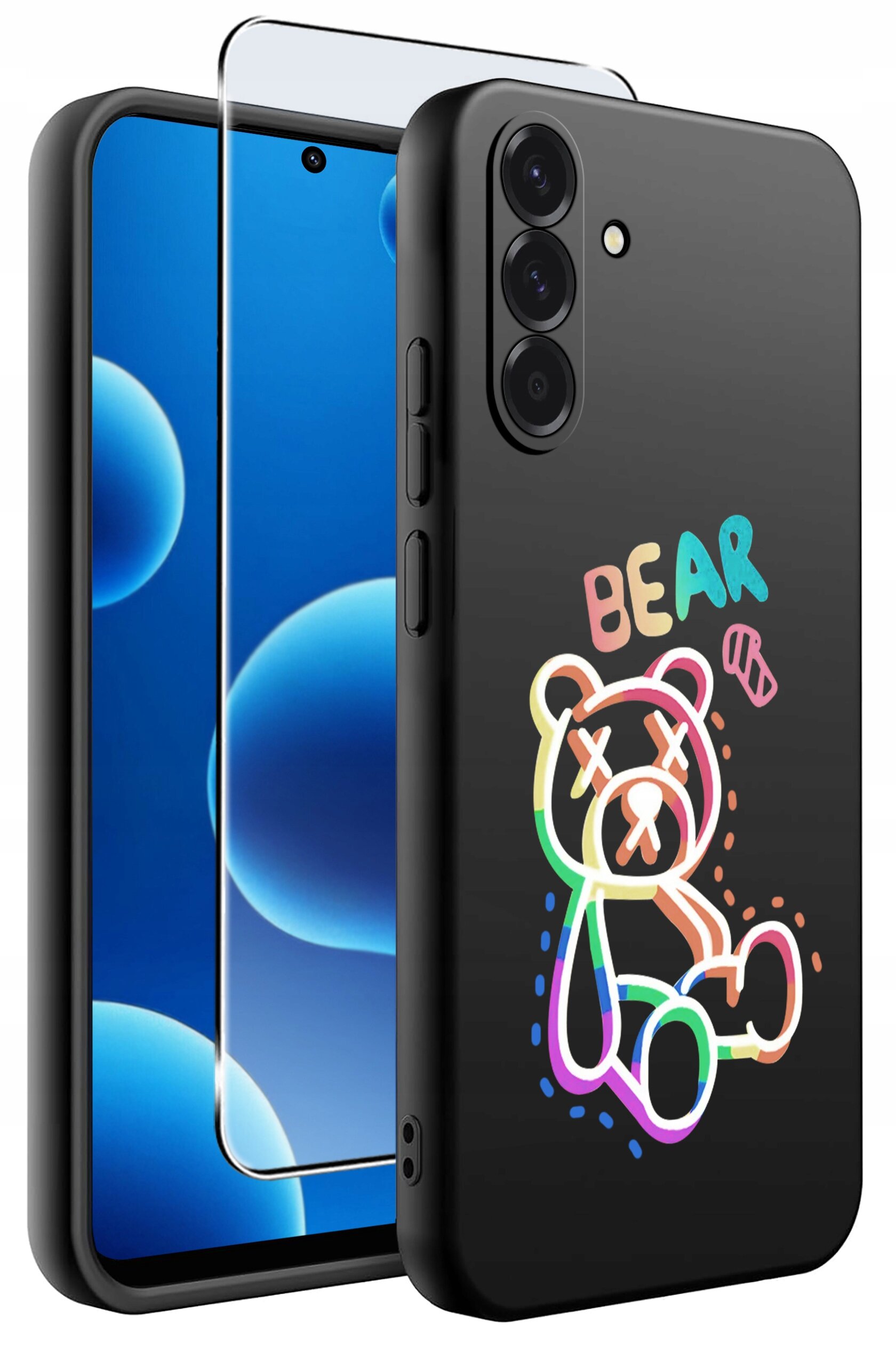 Czarne silikonowe etui na telefon z kolorowym rysunkiem misia i napisem \'BEAR\'. Obok etui znajduje się szkło ochronne na ekran.