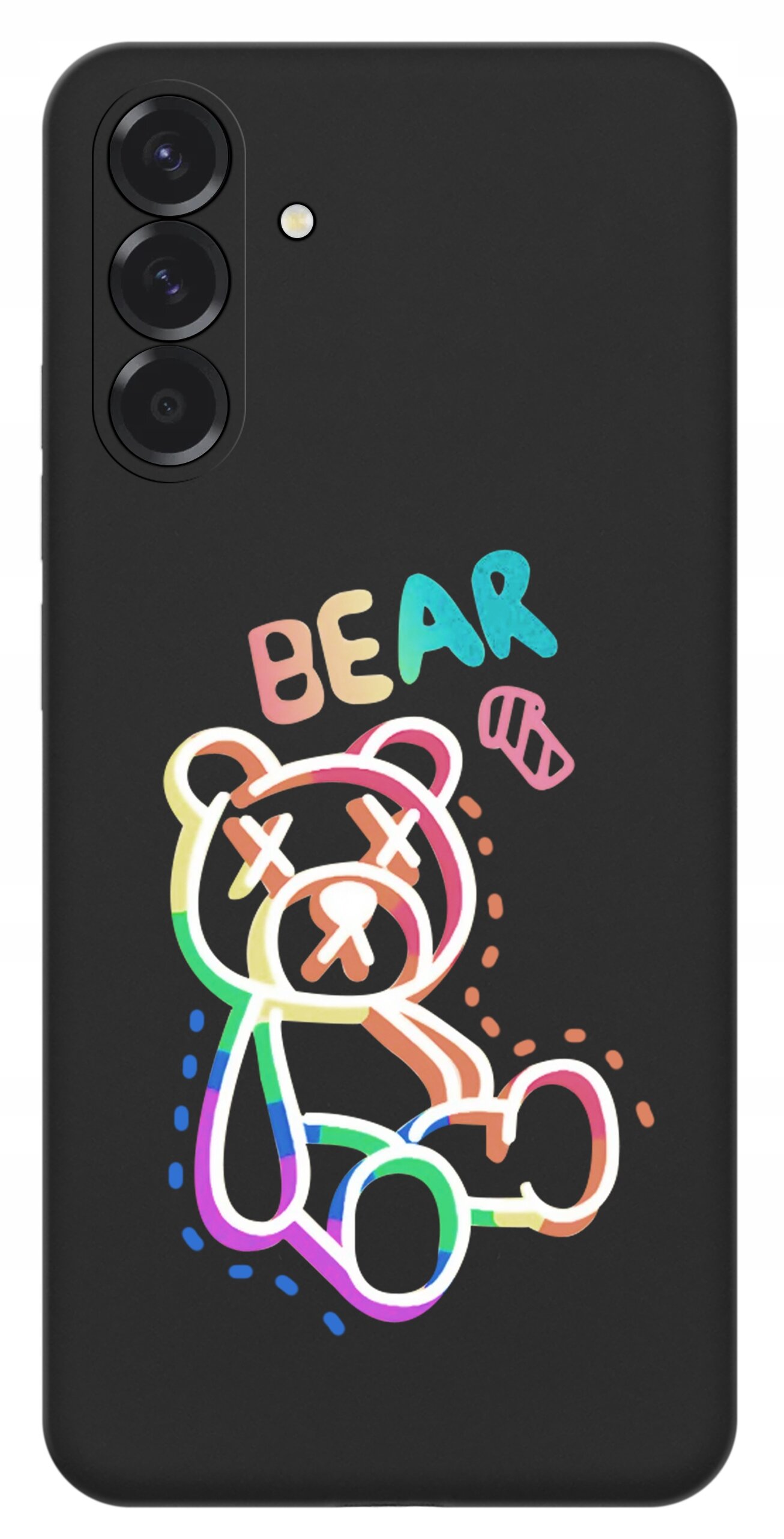 Czarne etui na telefon z kolorowym rysunkiem misia i napisem \'BEAR\'.