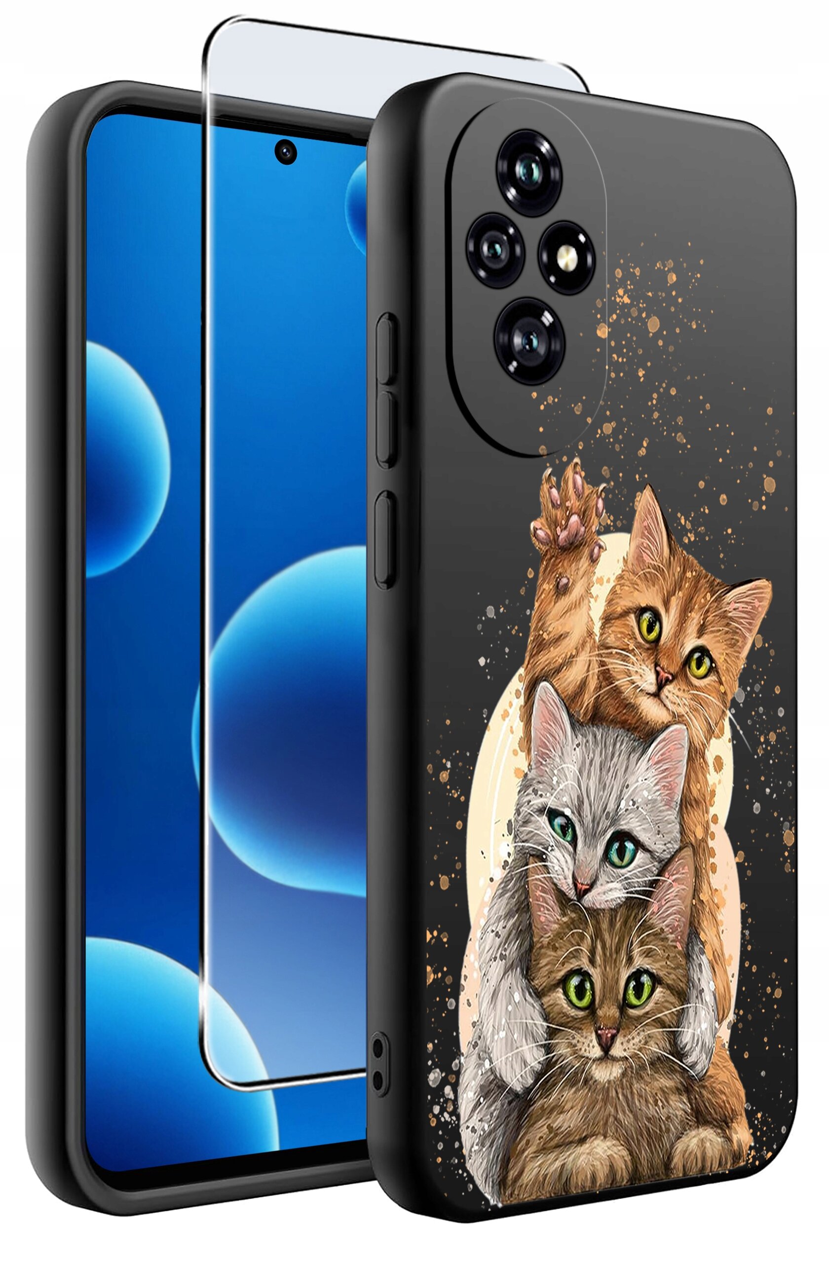 Na obrazie widoczne jest silikonowe etui na telefon z nadrukiem trzech kotów oraz szkło ochronne 9H. Etui ma matowe wykończenie i otwory na aparat oraz przyciski.