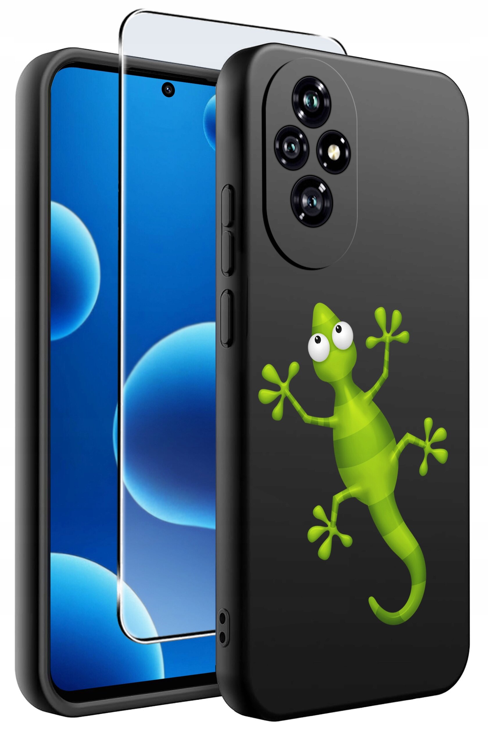 Obraz przedstawia czarne silikonowe etui na telefon z zielonym rysunkiem jaszczurki oraz szkło ochronne na ekran. Etui ma wycięcia na aparat i przyciski boczne.