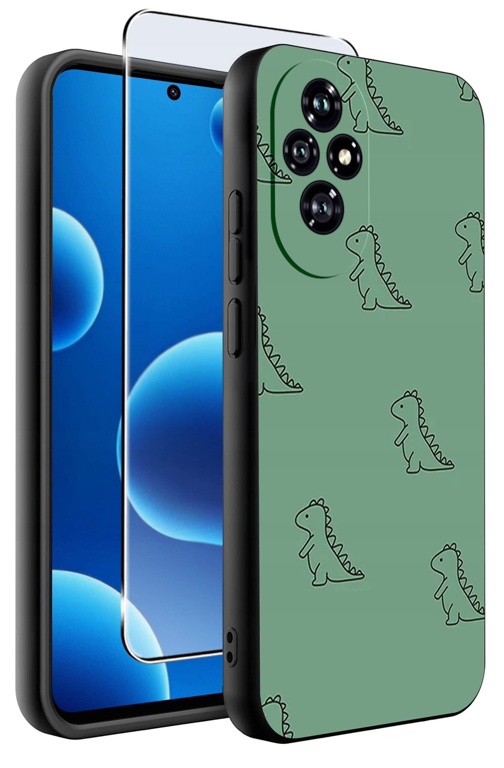Na obrazie widoczne jest zielone etui na telefon z wzorem dinozaurów oraz szkło ochronne. Etui ma wycięcia na aparat i przyciski boczne.