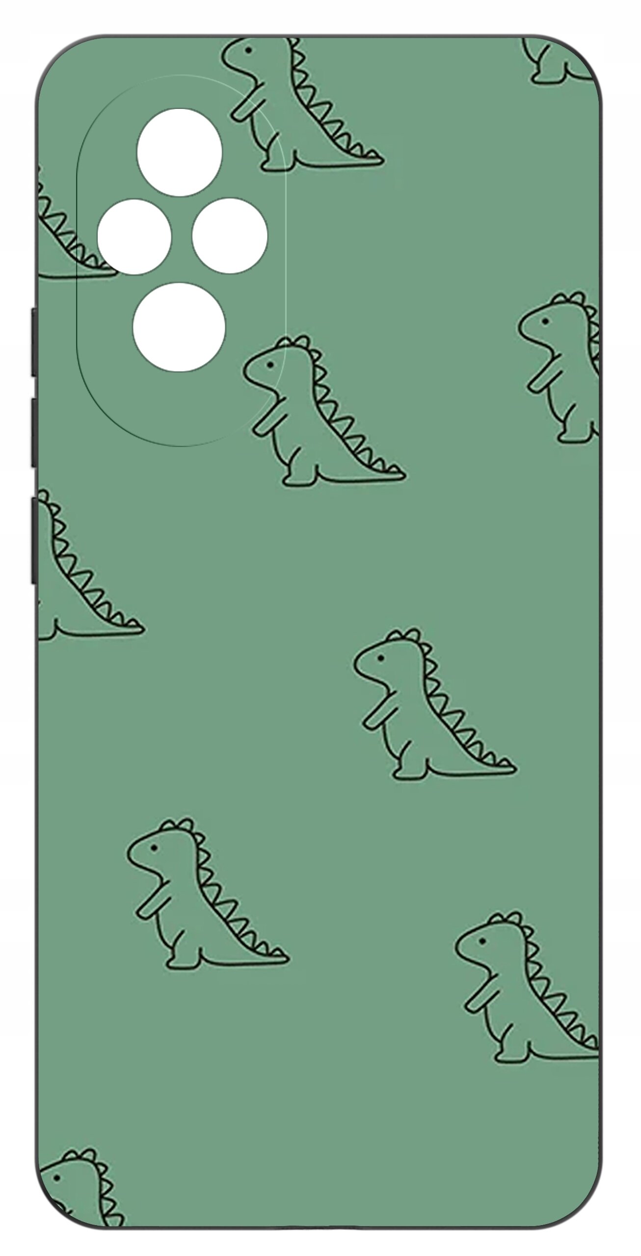 Zielone etui z wzorem małych dinozaurów, posiada wycięcia na aparat i przyciski.