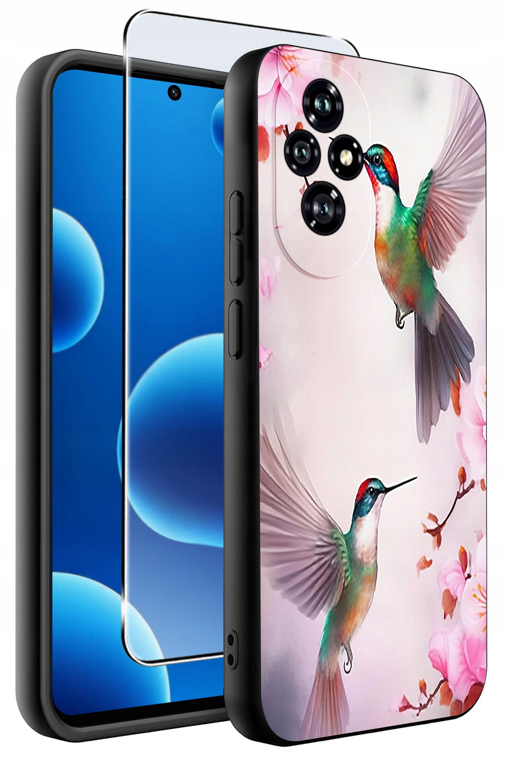 Etui na telefon z kolorowym wzorem kolibrów i kwiatów, wykonane z matowego silikonu. Obok etui znajduje się szkło ochronne na ekran.