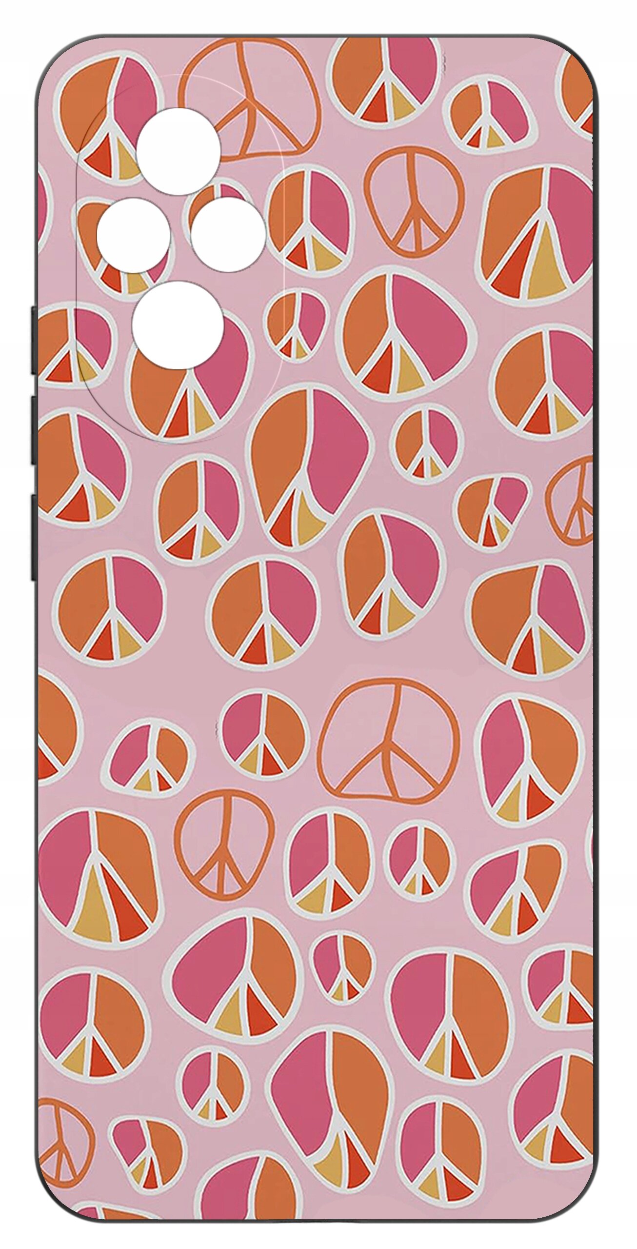 Etui na telefon z różowym tłem, ozdobione wzorami symboli pokoju w odcieniach pomarańczowego i różowego. Widoczne są wycięcia na aparat i przyciski.