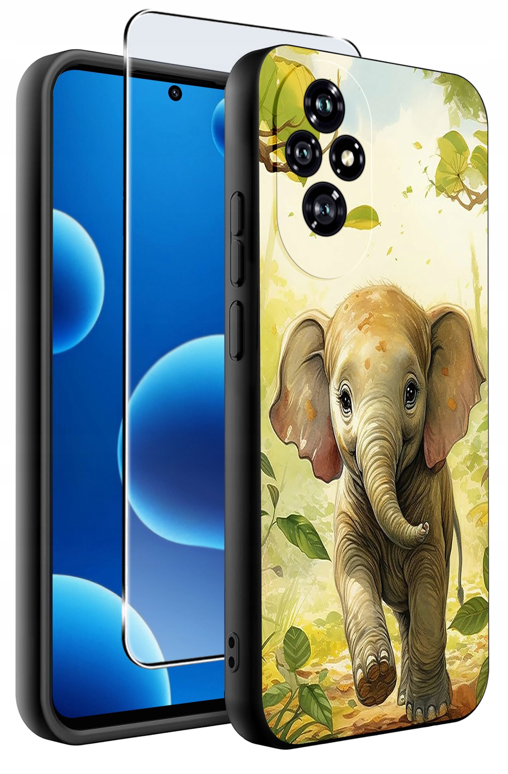 Etui na telefon z nadrukiem słonia na tle liści, wykonane z matowego silikonu. Obok etui znajduje się szkło ochronne 9H na ekran.