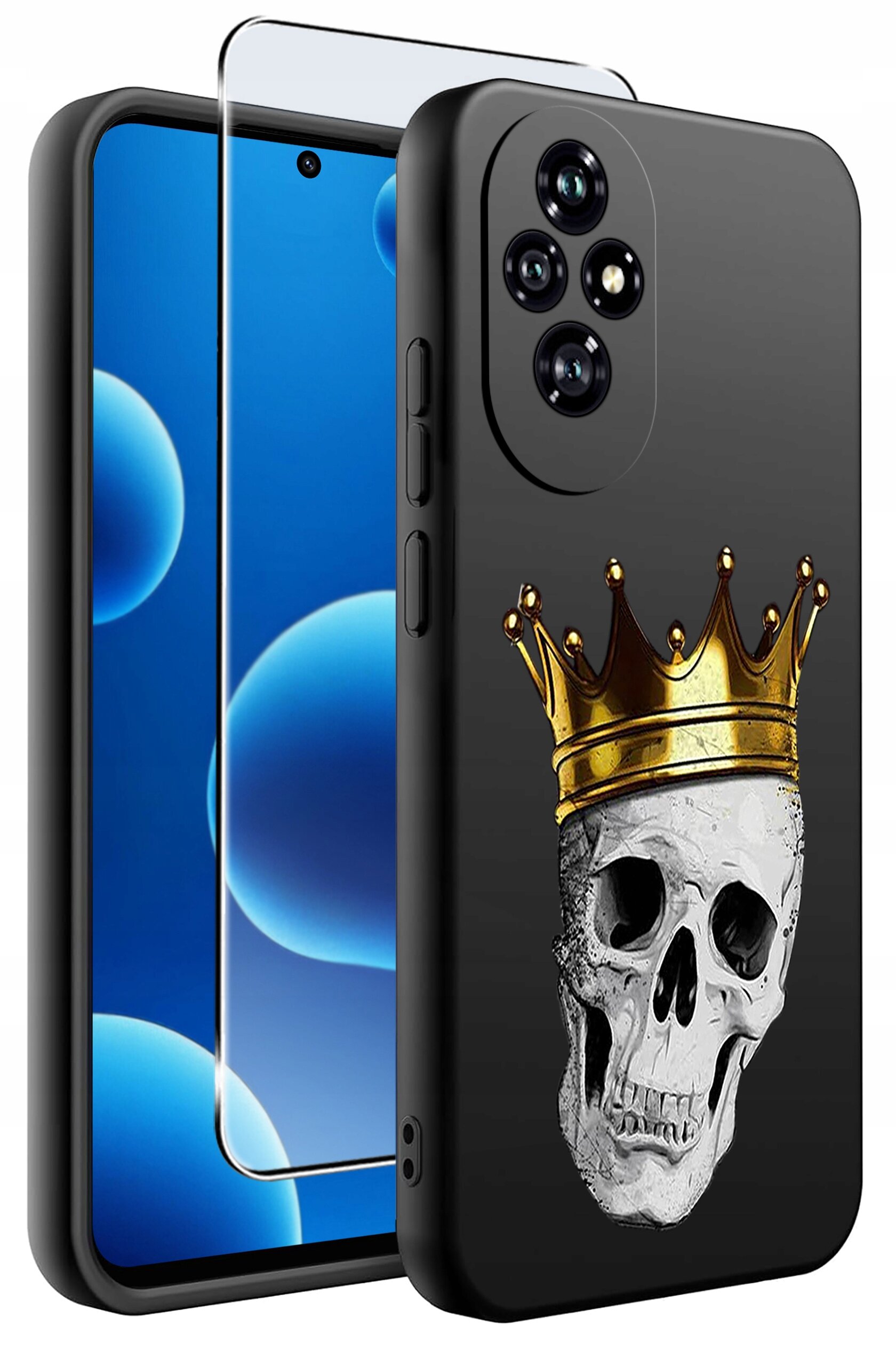 Czarne etui na telefon z nadrukiem czaszki w złotej koronie, obok przezroczyste szkło ochronne. W tle widoczny ekran telefonu z niebieskimi bąbelkami.