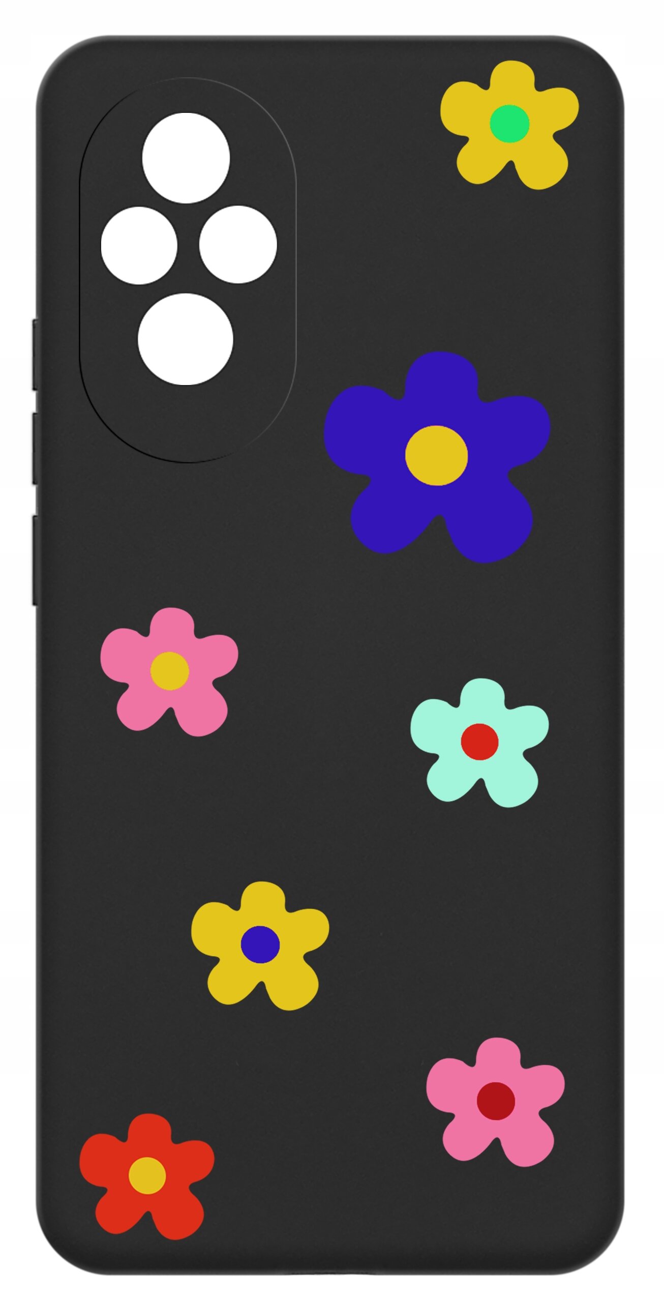 Czarne etui na telefon z kolorowymi kwiatowymi wzorami w różnych kolorach, takich jak żółty, niebieski, różowy i czerwony. Etui ma wycięcia na aparat z czterema okrągłymi otworami.
