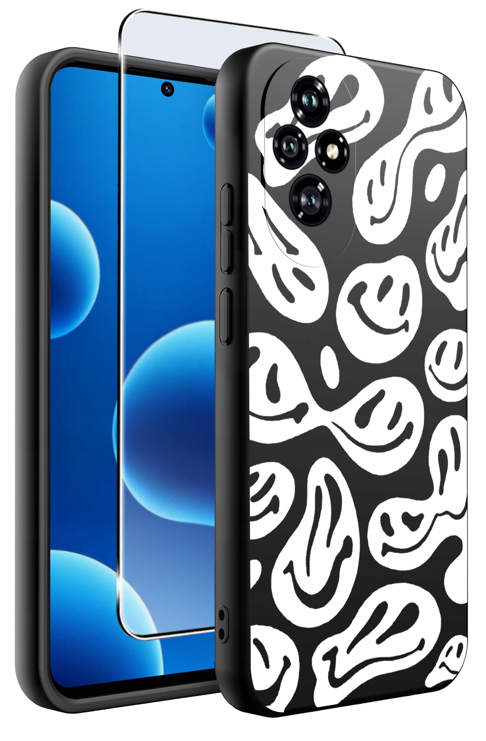 Obraz przedstawia czarne etui na telefon z białymi wzorami przypominającymi abstrakcyjne twarze oraz szkło ochronne na ekran. Etui ma wycięcia na aparat i przyciski boczne.