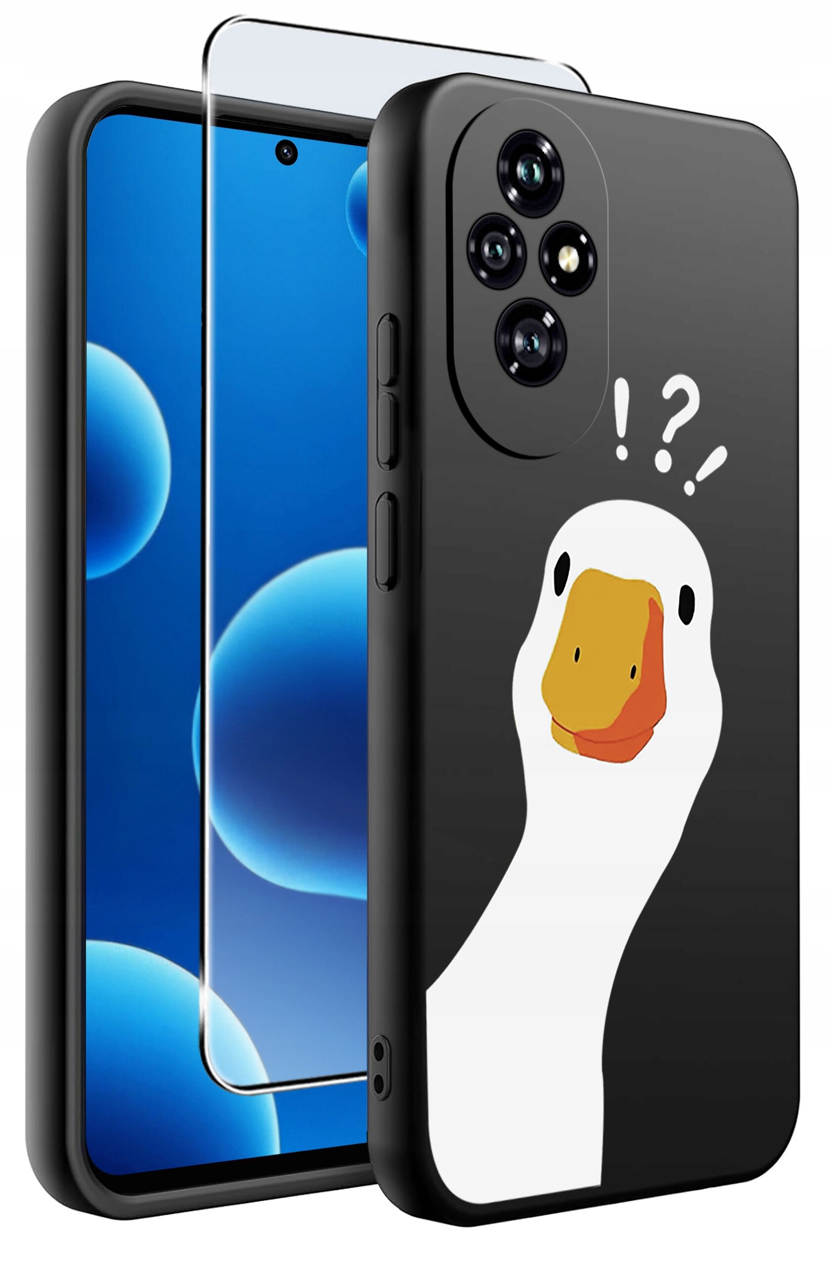Na obrazie widoczne jest czarne etui na telefon z nadrukiem białej kaczki z pomarańczowym dziobem oraz znakami zapytania i wykrzyknika nad głową. Obok etui znajduje się przezroczyste szkło ochronne na ekran telefonu.