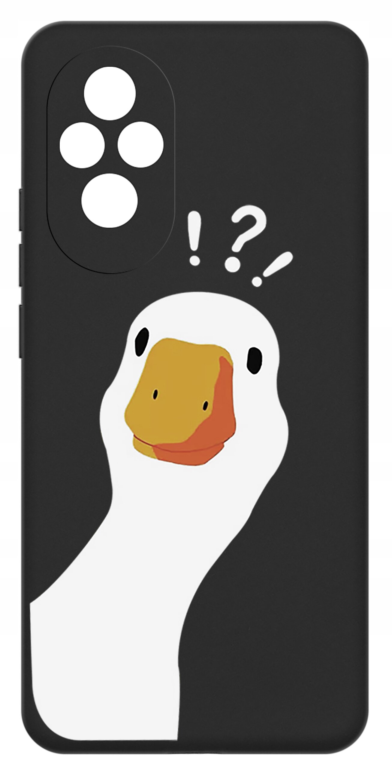 Czarne etui na telefon z nadrukiem białej kaczki z pomarańczowym dziobem oraz symbolami wykrzyknika i pytajnika nad głową. Etui posiada wycięcia na cztery obiektywy aparatu.