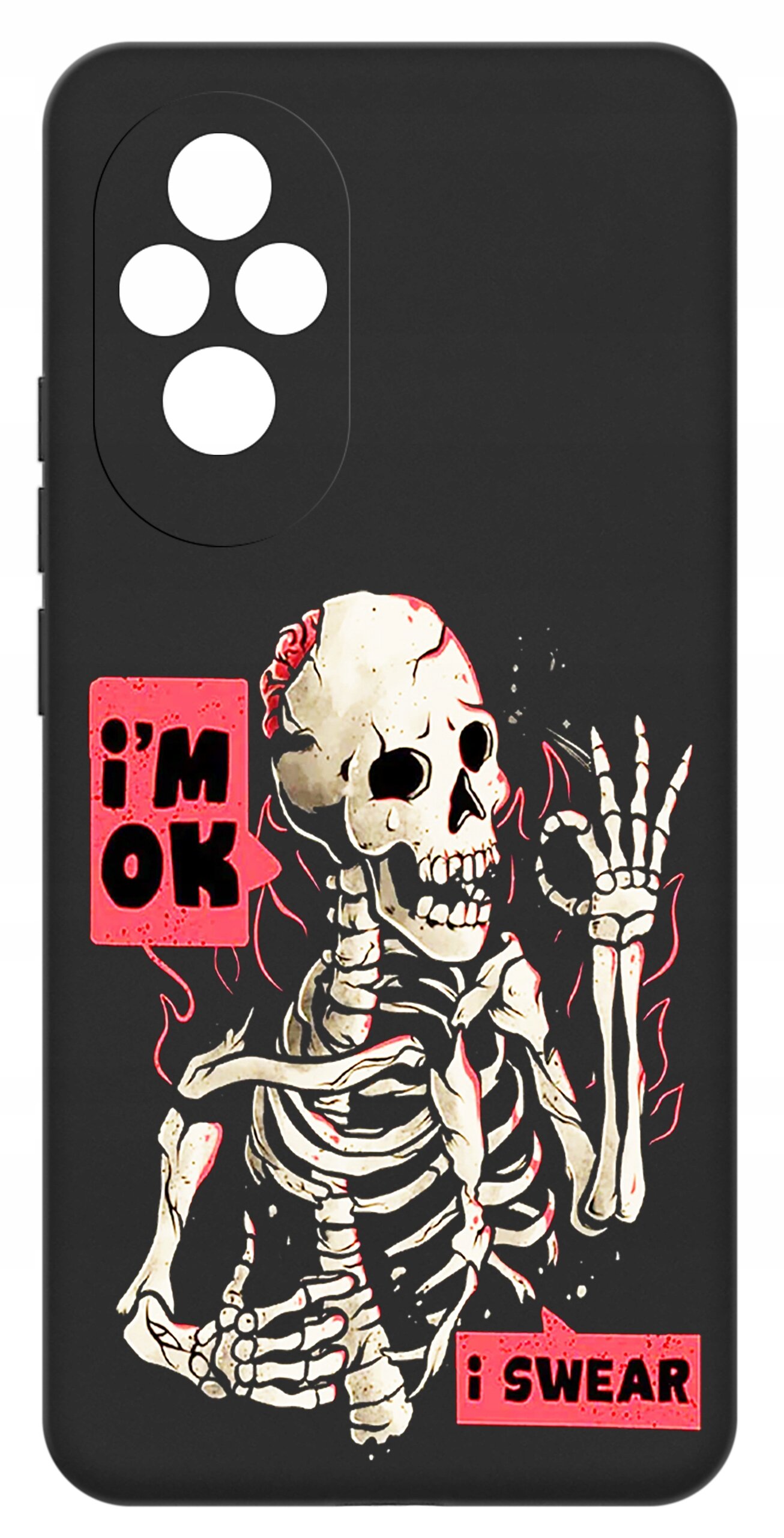 Czarne etui z nadrukiem szkieletu w otoczeniu płomieni, z tekstami \'i\'m OK\' i \'i SWEAR\'.