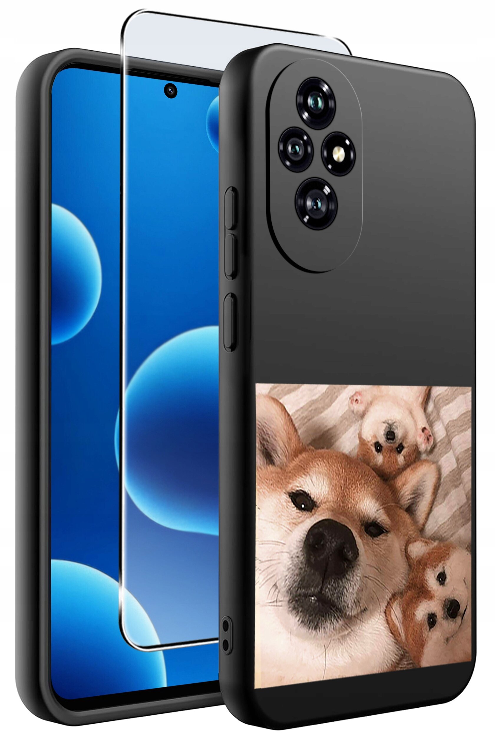 Na obrazie widoczne jest silikonowe etui na telefon z nadrukiem przedstawiającym psy oraz szkło ochronne na ekran. Etui ma czarny kolor i wycięcia na aparat oraz przyciski.